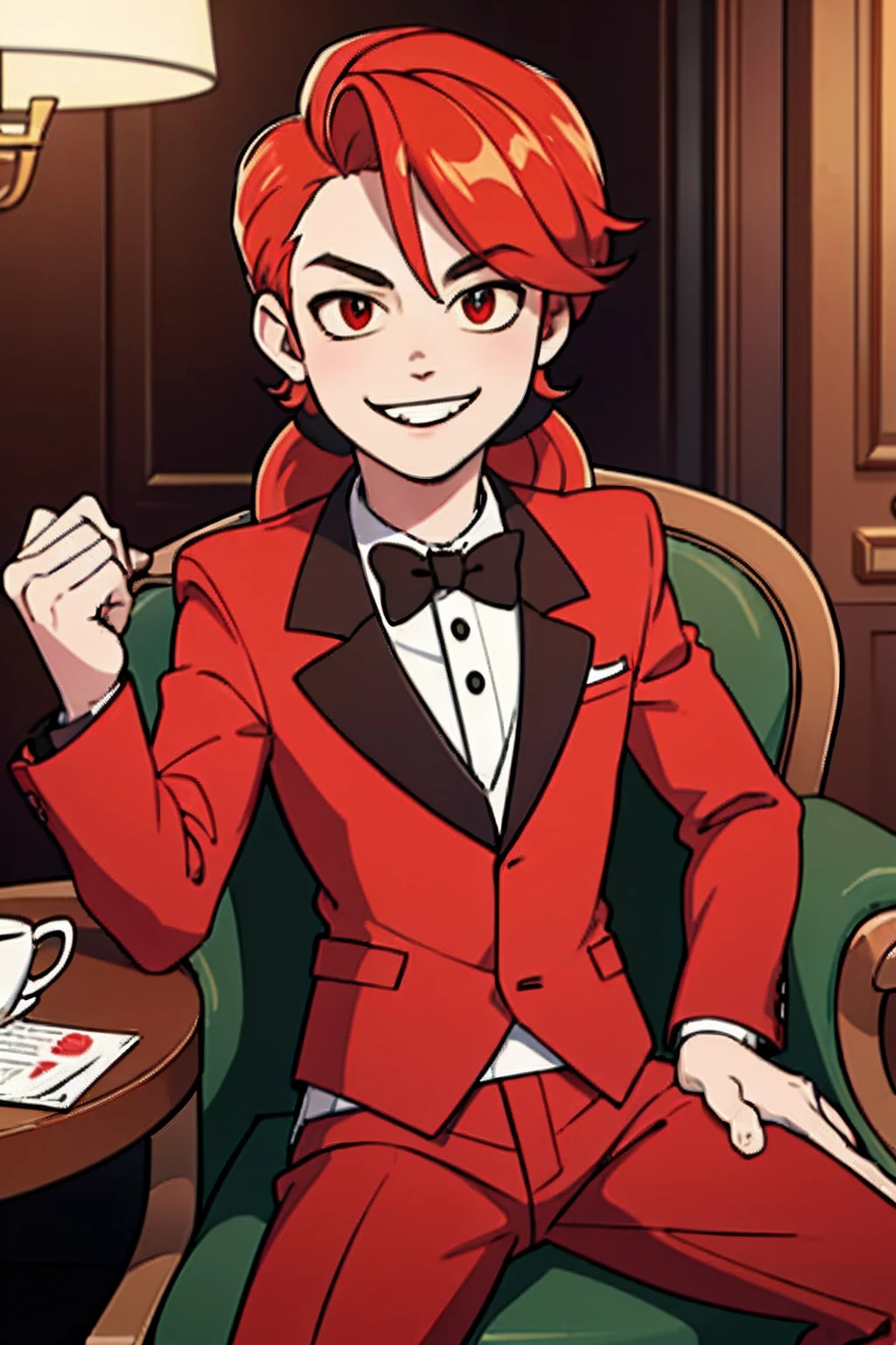 (masterpiece, best quality:1.2), solo, 1man, charlie morningstar, smile, looking at viewer, sitting in an armrest chair, long hair, red suit, red pants, hotel