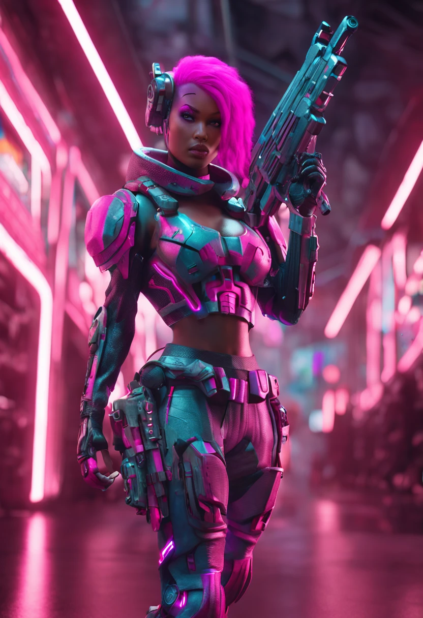 arafed image of nicki minaj with a gun in a sci - fi environment, a screenshot by Arthur Pan, cgsociety contest winner, afrofuturism, doom slayer from doom eternal, fantasy style 8 k octane render, starcraft 2 videogame character, cybernetic fire armor, 3 d render character art 8 k, clothed in sci-fi military armor, pink hair