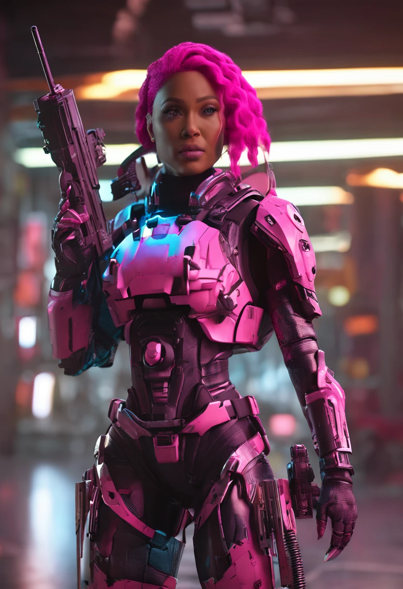 arafed image of nicki minaj with a gun in a sci - fi environment, a screenshot by Arthur Pan, cgsociety contest winner, afrofuturism, doom slayer from doom eternal, fantasy style 8 k octane render, starcraft 2 videogame character, cybernetic fire armor, 3 d render character art 8 k, clothed in sci-fi military armor, pink hair