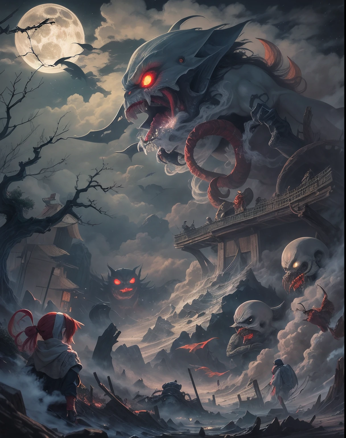 nightmare, night, volumetric light, ((fog)), dark, terrifying illustration, (Group of Yokai), ((Oni)), ((kappa)), ((Tengu)), ((Yuki-onna)), ((Kamaitachi)), ((Sarugami)), ((Nurikabe)), ((Ittan-momen)), ((Akamane)), The Night Parade of One Hundred Demons is a terrifying legend that has been told for centuries. It is a reminder of the power of the supernatural and the dangers of the night.