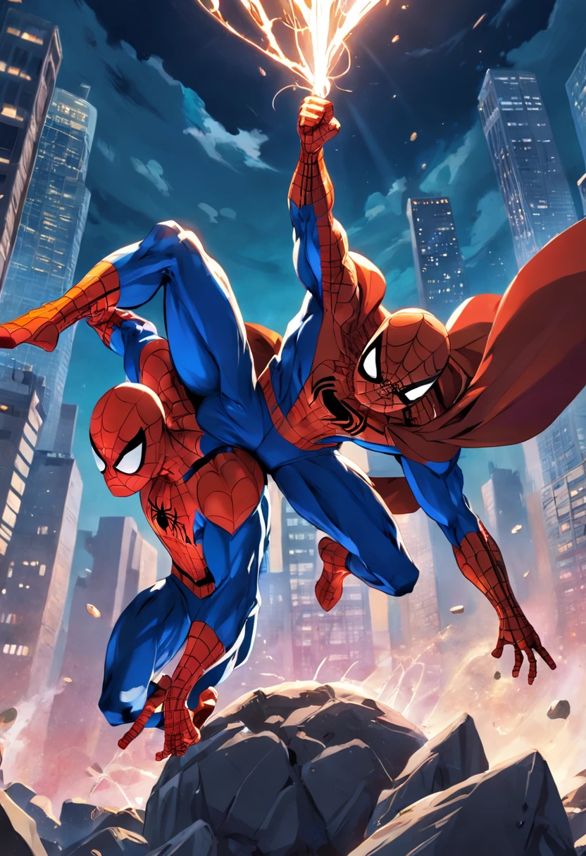 Spiderman fighting Superman on the moon