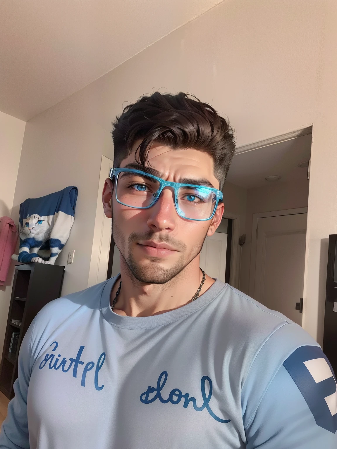 Handsome boy in blue jacket ultra realistic with a cat