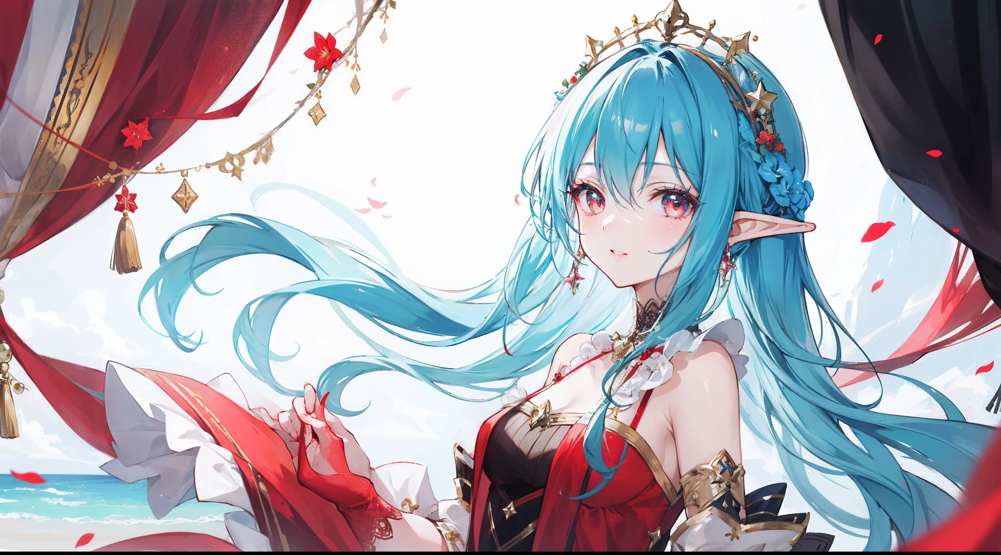 A charming elf girl, giving off a playful aura, her hair is blue like the ocean, her eyes are red like blood, she wears a flower decoration on her head