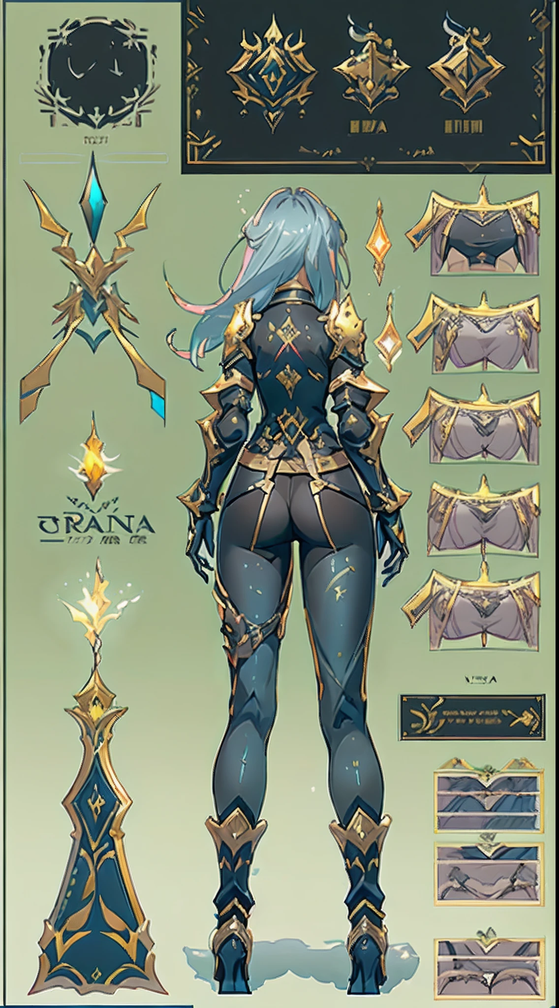 Design a layout showcase Gaming character, ((1girl)), assasin:1.4, Golden+Purple clothes, Black_Desert_style, stylish and unique, ((showcase weapon:1.4)), magic staff, (masterpiece:1.2), (best quality), 4k, ultra-detailed, (Step by step design, layout art:1.5), (luminous lighting, atmospheric lighting), Final Fantasy style, magican, ((glove full hands)), fran, viera, (((revealing clothes:1.3))), vambraces, armored legwear, (((full_body_shot:1.4))), Niji, back_view, T_pose