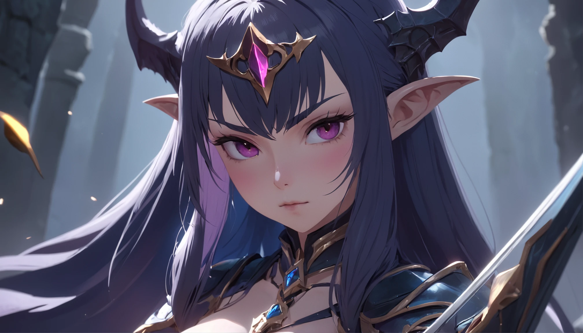Close-up of an elven woman in sexy leather medieval armor,Holding An Sword, 3 D rendering character art 8 K, chengwei pan on artstation, hyper-detailed fantasy character, unreal engine rendered + A goddess, Dark witch in the dungeon crypt, Dark and terrifying atmosphere