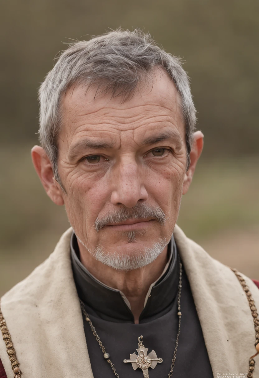 Portrait photos, Mugshot of priest and 50-year-old Pokemon trainer mixed, wrinkle, Disgusting eyes, Short hair with salt and pepper, goatee, Serious expression, Medieval fantasy shepherd dog costume, On the fields of the Middle Ages, The Nikon D850 and Nikon AF-S NIKKOR 70-200mm f capture color cleverly/2.Spring 8 FL ED VR, Pedro Jackson, fanciful, Historical