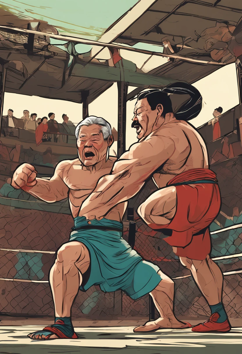 A wrestling duel between two middle-aged Chinese men,age 55,being thin,exposed bare shoulders,One is green shorts,One is blue shorts,Site is a field