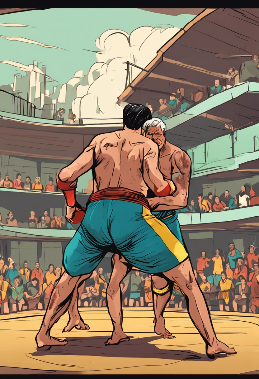 A wrestling duel between two middle-aged Chinese men,age 55,being thin,exposed bare shoulders,One is green shorts,One is blue shorts,Site is a field