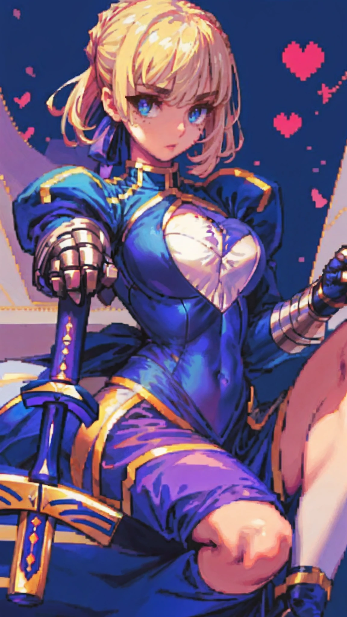 saber,Plain white background,Armor,C cup,exposing your navel,High detail,Moles under eyes, Heart-shaped pupils,Love pupils,Fleshy thighs,highly rendered,detailed face with