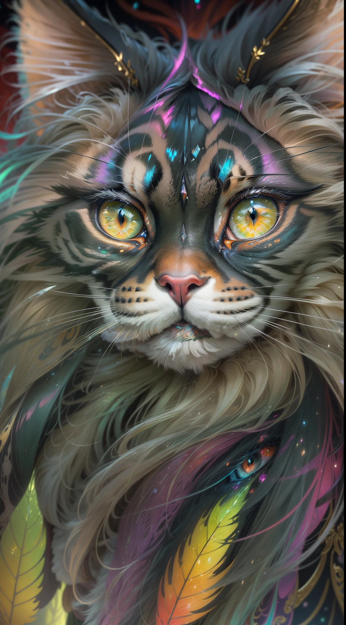 ((ultra-detailed)), (highly detailed CG illustration), ((an extremely delicate and beautiful maincoon)), cinematic light, Create a stunning fantasy artwork that mimics the style of currently trending masters of the genre. The art piece should contain elements of both mythic fantasy  with colorful accents. ((Utilize various shades of olive green and watercolor pastels as the main color scheme.)) The maincoon in the artwork is a fluffy with an aura of mystery and magic, mesmerizing eyes with vibrant colors and bold shading. The fur of maincoon  should be designed with gossamer feathers, silk, stunning embroidery, and subtle iridescent details. Incorporate dreamy colors, dynamic lighting, and detailed background elements to create a sense of awe and immersion. Include magical aura. Consider, (((masterpiece))), (((best quality)))