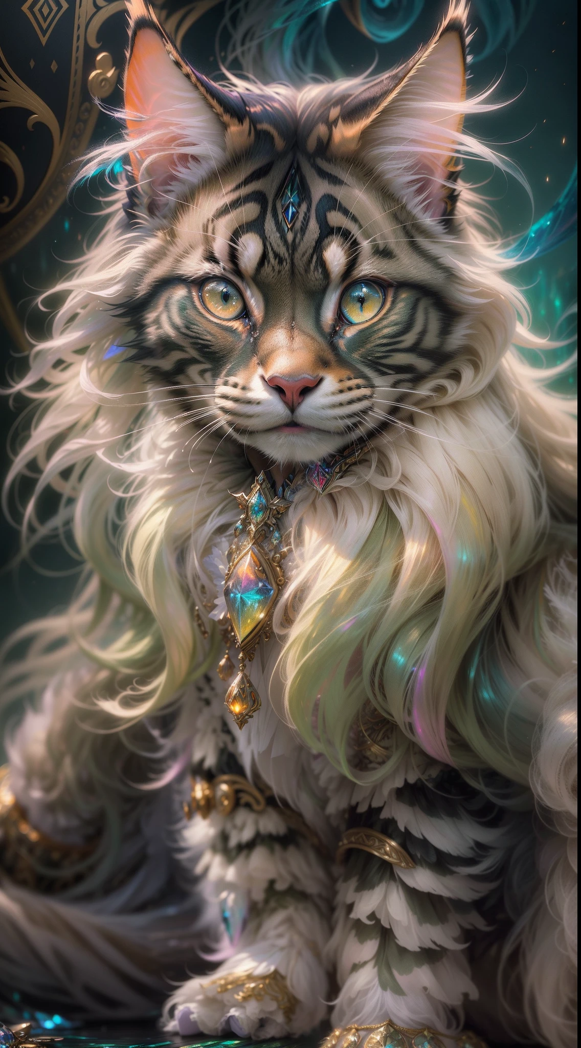 ((ultra-detailed)), (highly detailed CG illustration), ((an extremely delicate and beautiful maincoon)), cinematic light, Create a stunning fantasy artwork that mimics the style of currently trending masters of the genre. The art piece should contain elements of both mythic fantasy with colorful accents. ((Utilize various shades of olive green and watercolor pastels as the main color scheme.)) The maincoon in the artwork is a fluffy with an aura of mystery and magic, mesmerizing eyes with vibrant colors and bold shading. The fur of maincoon should be designed with gossamer feathers, silk, stunning embroidery, and subtle iridescent details. Incorporate dreamy colors, dynamic lighting, and detailed background elements to create a sense of awe and immersion. Include magical aura. Consider, (((masterpiece))), (((best quality)))