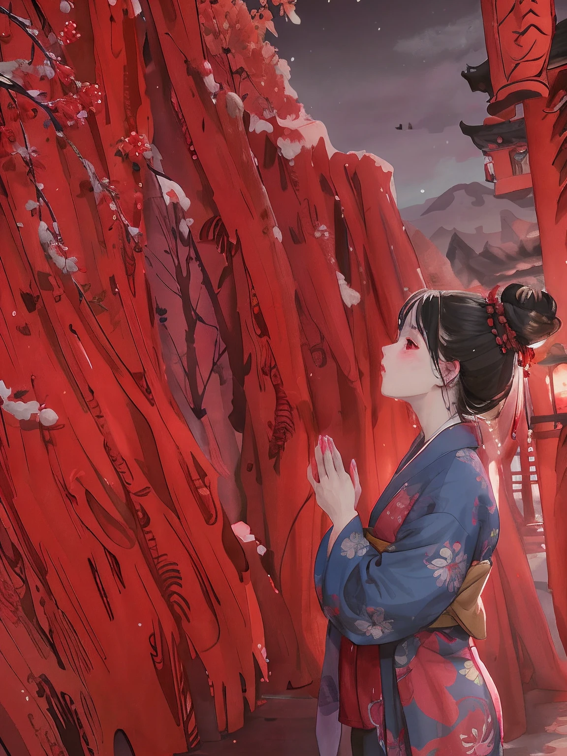 Anime scene of a woman in Hanfu standing in front of a red door, Red streamer,Red curtain,Anime art wallpaper 8 K, Anime art wallpaper 4 K, Anime art wallpaper 4k, Chinese art style, Beautiful anime artwork, A beautiful artwork illustration, Palace , A girl in Hanfu, style of anime4 K, trending on artstation pixiv, Beautiful digital artwork