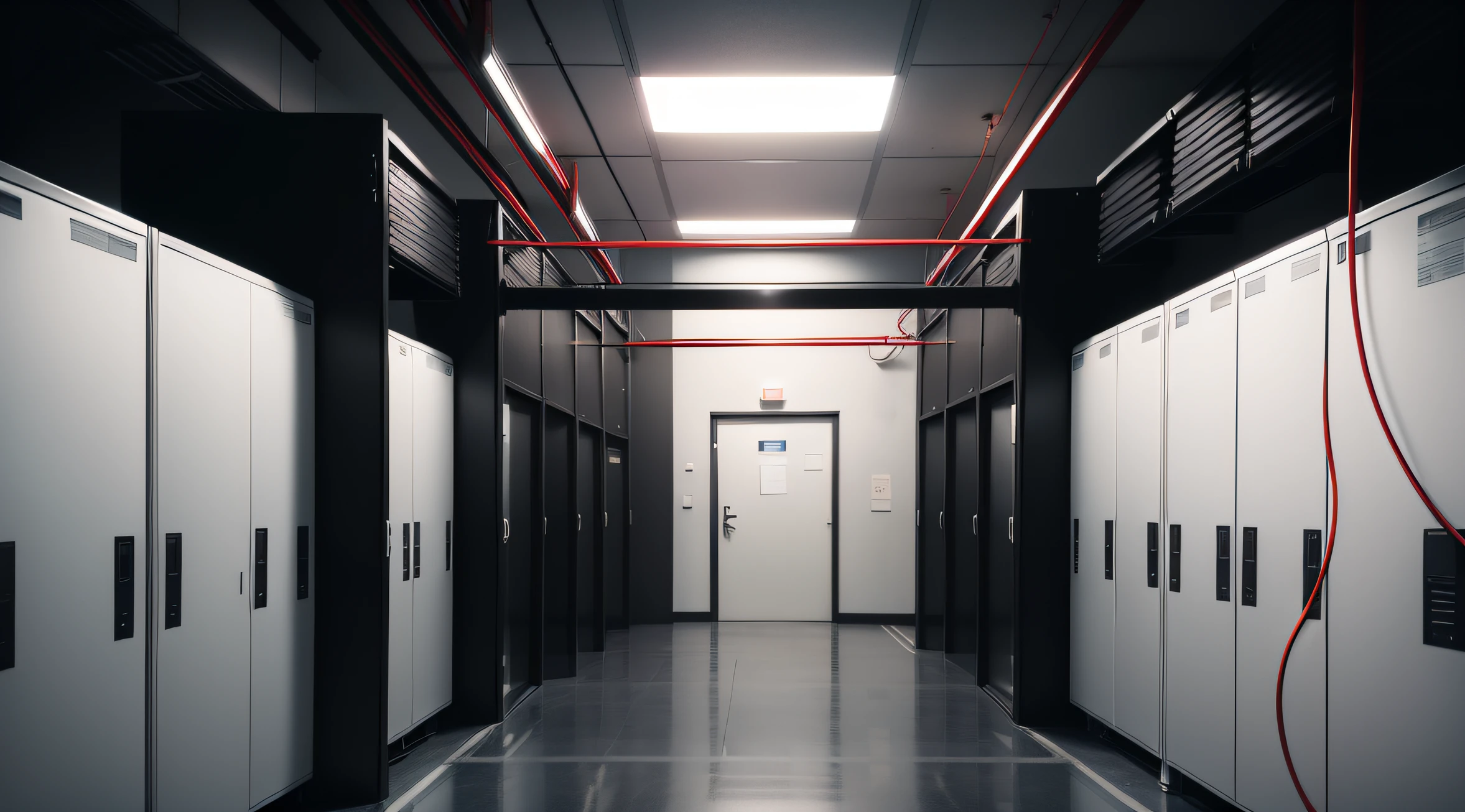In a server room with black on both sides,In the middle is a small white box hanging from the wall,There are four tiny red tubes that extend from above the white box,