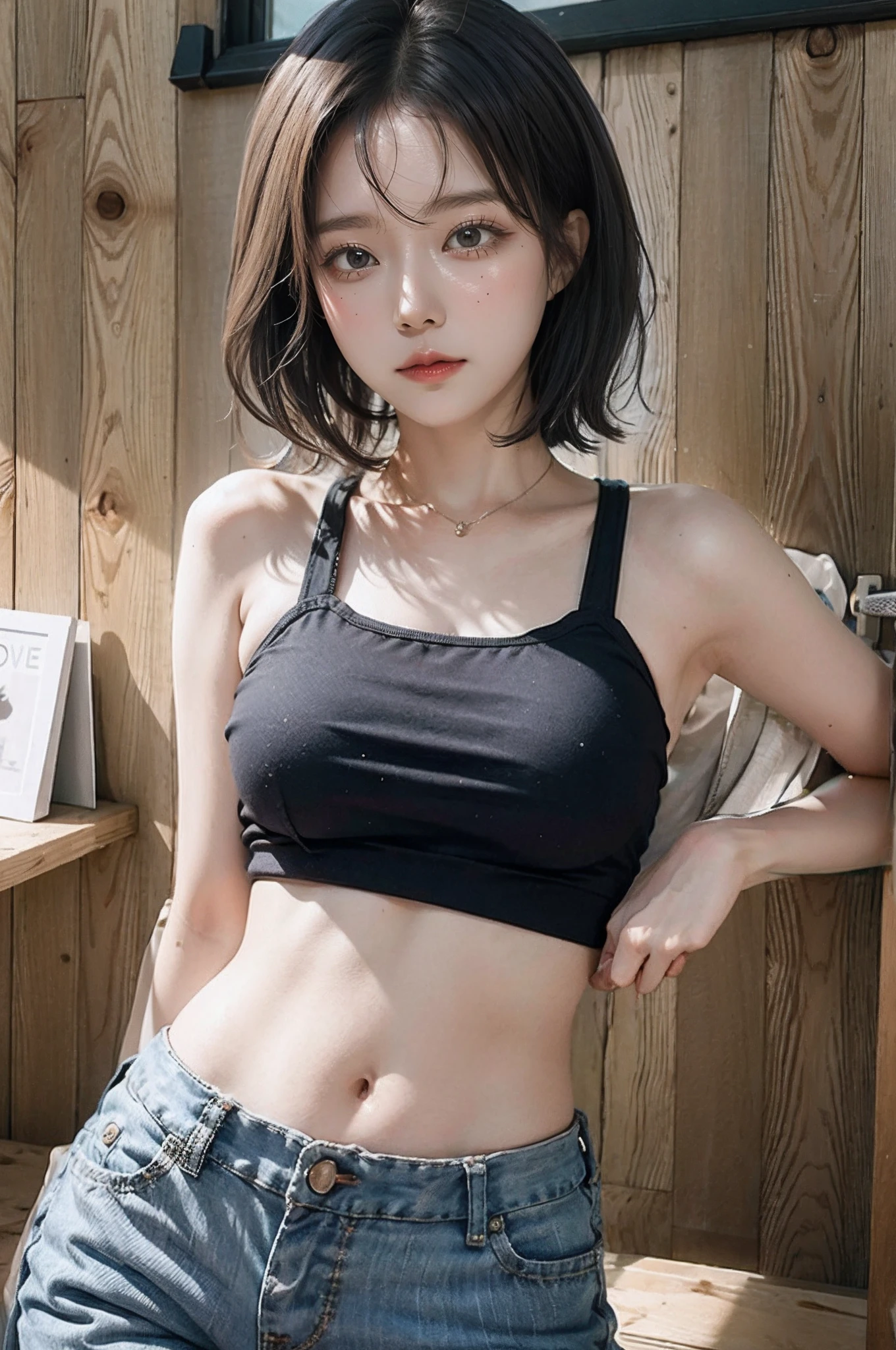 Top image quality、Raw photography、超A high resolution、Cute girl at 18 years old、Shooting for one person only、round breast、Tank Tops、short trousers of black color、Beautiful Eyes of Details、very elongated eyes、Beautiful eyelashes、Beautiful double eyelids、white walls、Beautiful waist、very slender legs、a short bob、very slender physique