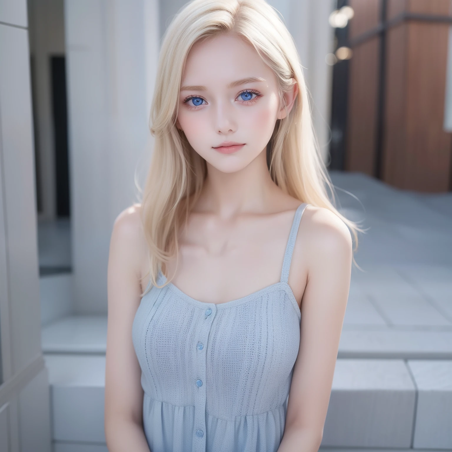 Nordic beauty、Beautiful blonde hair、clear pale blue eyes、FULL BODYSHOT、Beautuful Women、16 years old women、Dainty and classy cute girl、((Cute girl in random color clothes:1・3))、Full Body Angle、expressioness、smil、Random hairstyles、