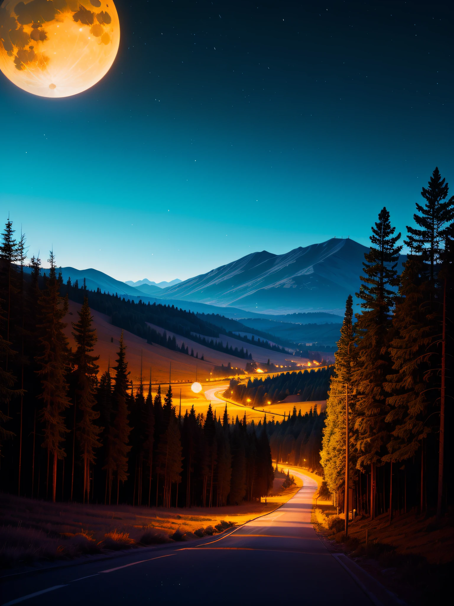 a beautuful landscape full moon, mountain, hills, blue moon, forest, trees, night