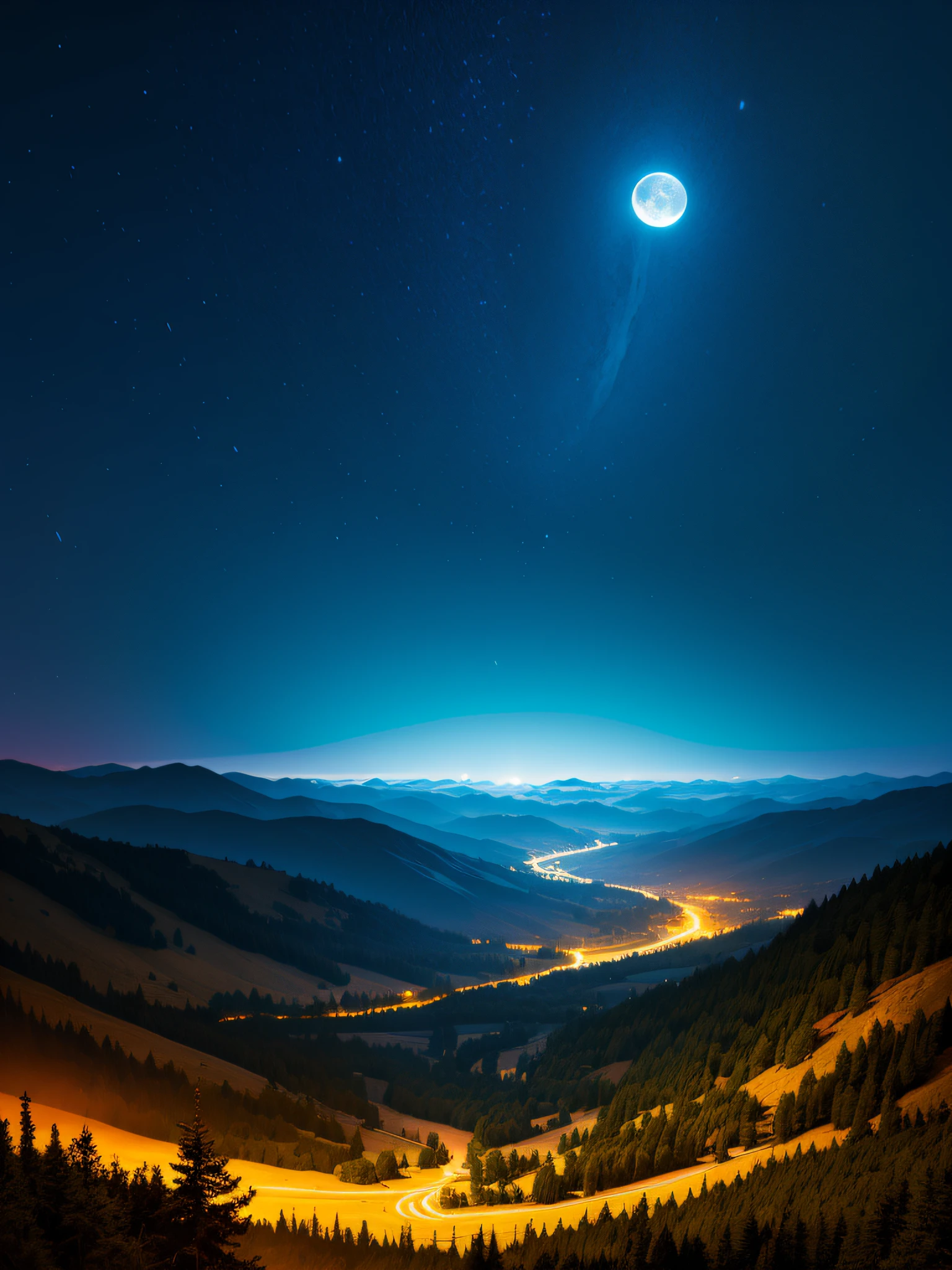 a beautuful landscape full moon, mountain, hills, blue moon, forest, trees, night