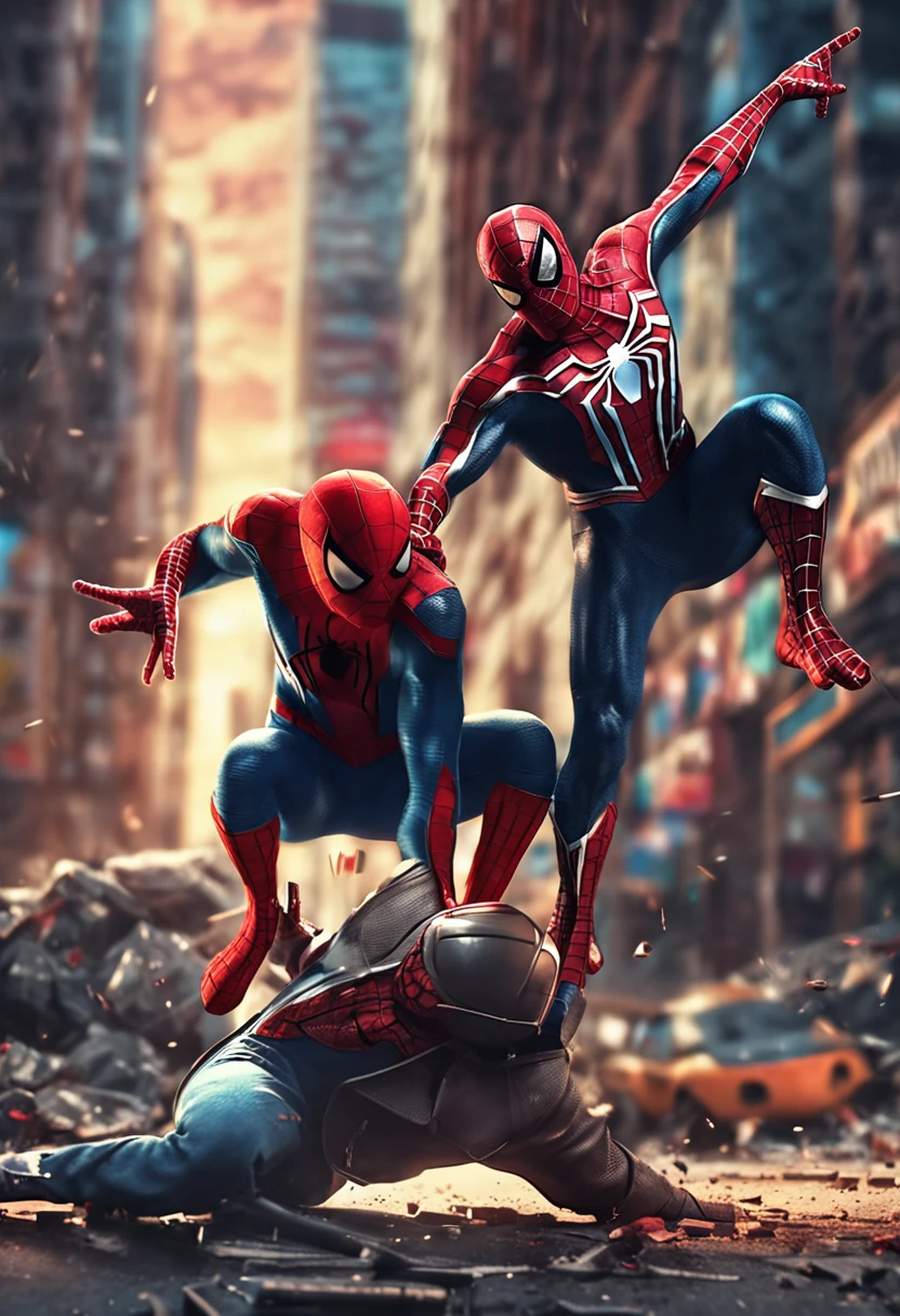 Spiderman using guns and blades killing Superman, 3D illustration