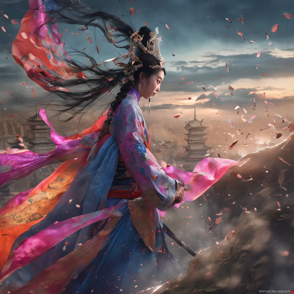 Best quality, Masterpiece, 超高分辨率, (photograph realistic:1.4), surrealism, Dream-like,fusionart, AI Goddess,Ten thousand swords plunged into the ground,Background: Chang'an City that Never Sleeps,Robe Hanfu,A glimpse of amazement
