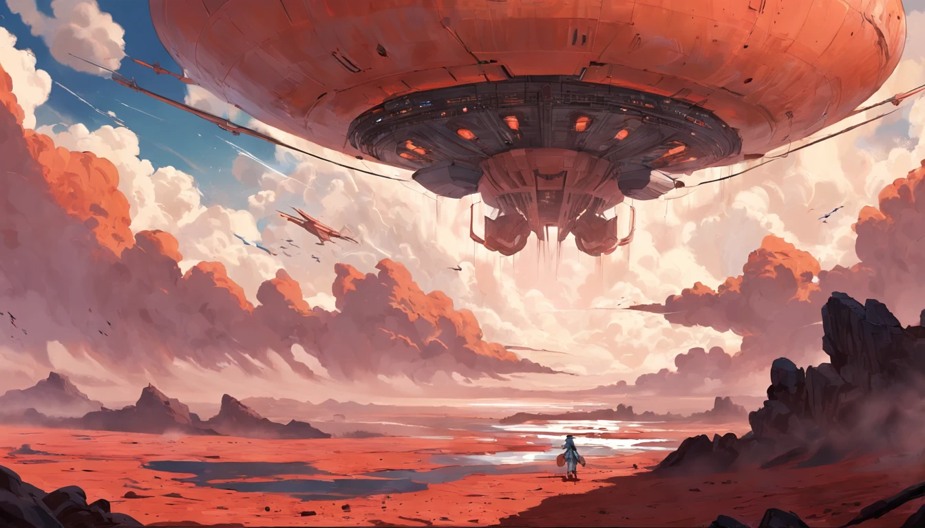 Above the blue desert of Moranti, a huge alien aircraft carrier that symbolizes power looms in the red clouds