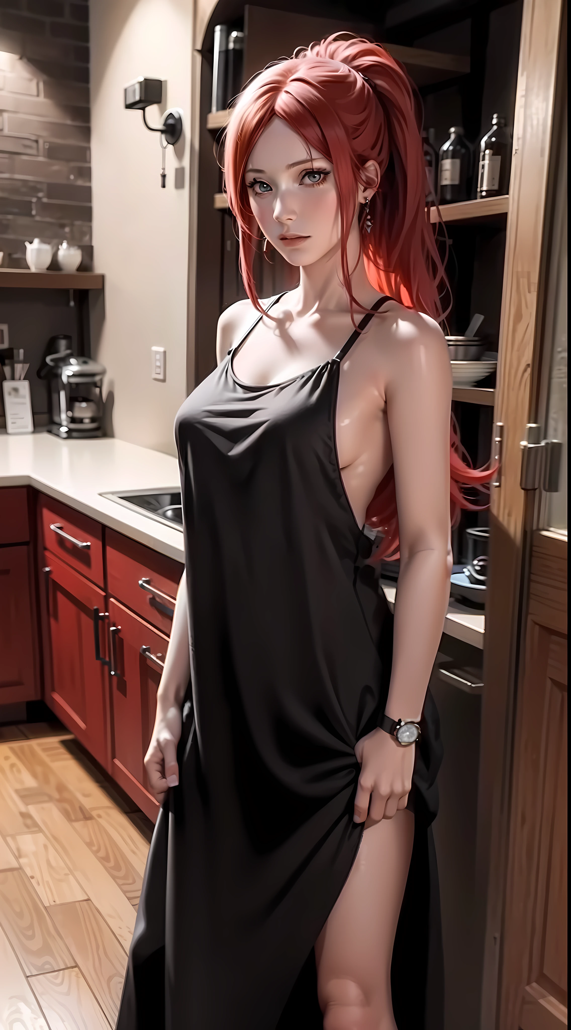 kushina from anime naruto, red hair, long hair, wearing mascara, ponytail, perfect body, perfect breasts, beautiful woman, very beautiful, wearing black pajamas, nightgown, pajamas, wearing a watch wearing earrings, in the kitchen, dry kitchen, Realism, masterpiece, textured skin, super detail, high detail, high quality, best quality, 1080P, HD, 16k