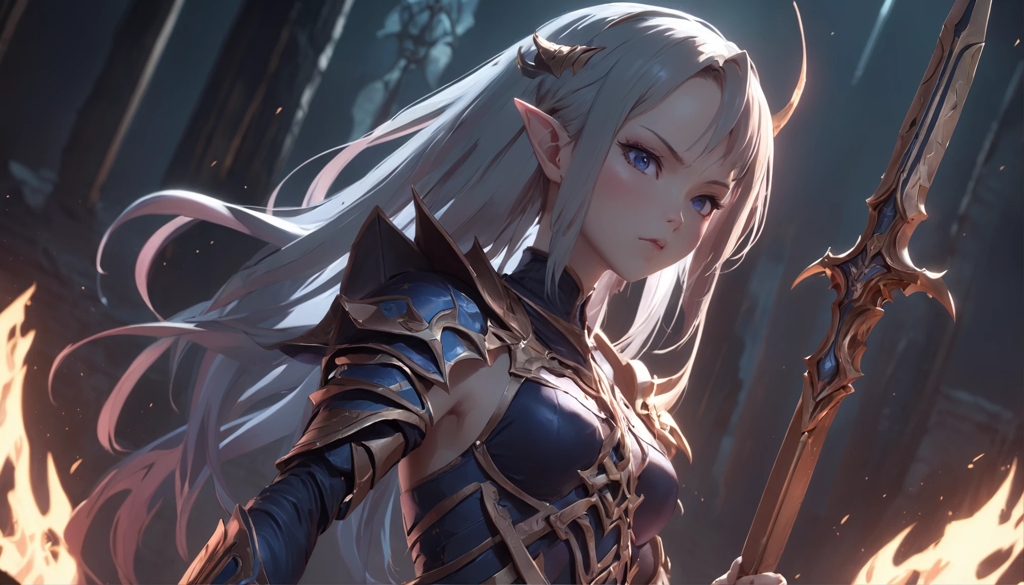Close-up of an elven woman in sexy leather medieval armor,Holding An Sword, 3 D rendering character art 8 K, chengwei pan on artstation, hyper-detailed fantasy character, unreal engine rendered + A goddess, Dark witch in the dungeon crypt, Dark and terrifying atmosphere