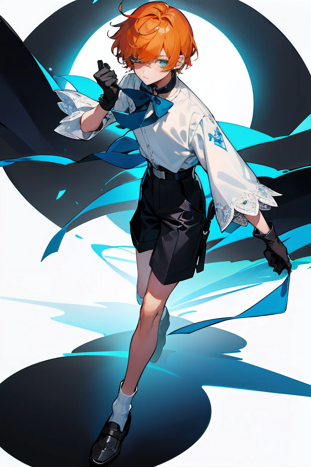 A teenager,orange short hair,blue color eyes,Bangs cover one eye,Wear a white shirt,The cuffs have long lace trims,blue bowtie,ribbon on blue,longer sleeves,Wearing black shorts,show legs,Wear white socks and leather shoes,wearing satchel,He wears black half-palm gloves on his hands,modern day,full bodyesbian