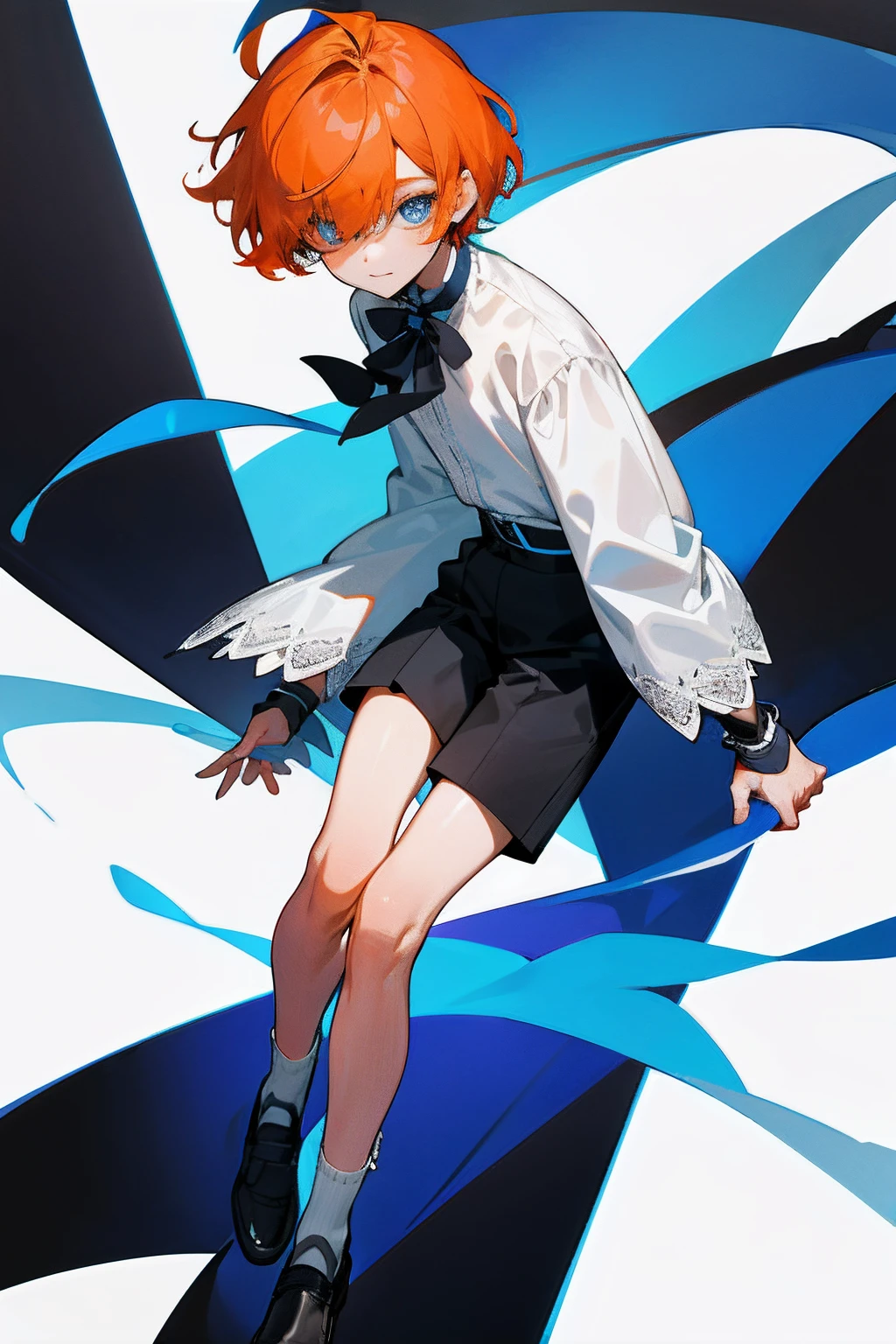 A teenager，orange short hair，blue color eyes，Bangs cover one eye，Wear a white shirt，The cuffs have long lace trims，blue bowtie，ribbon on blue，longer sleeves，Wearing black shorts，show legs，Wear white socks and leather shoes，wearing satchel，He wears black half-palm gloves on his hands，modern day，full bodyesbian