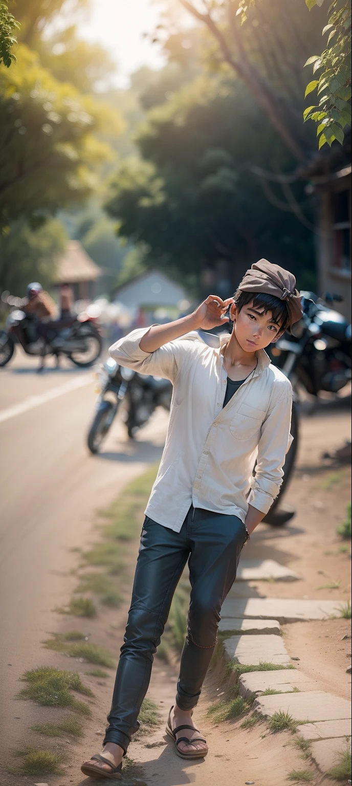 there is a boy sitting on a motorcycle in a village, very very low quality picture, without helmet, candid picture, with village, very artistic pose, taken with sony alpha 9, edited in photoshop, shot on nikon z9, taken with the best dlsr camera, in a village, very accurate photo, very clear picture, indian, stylish pose