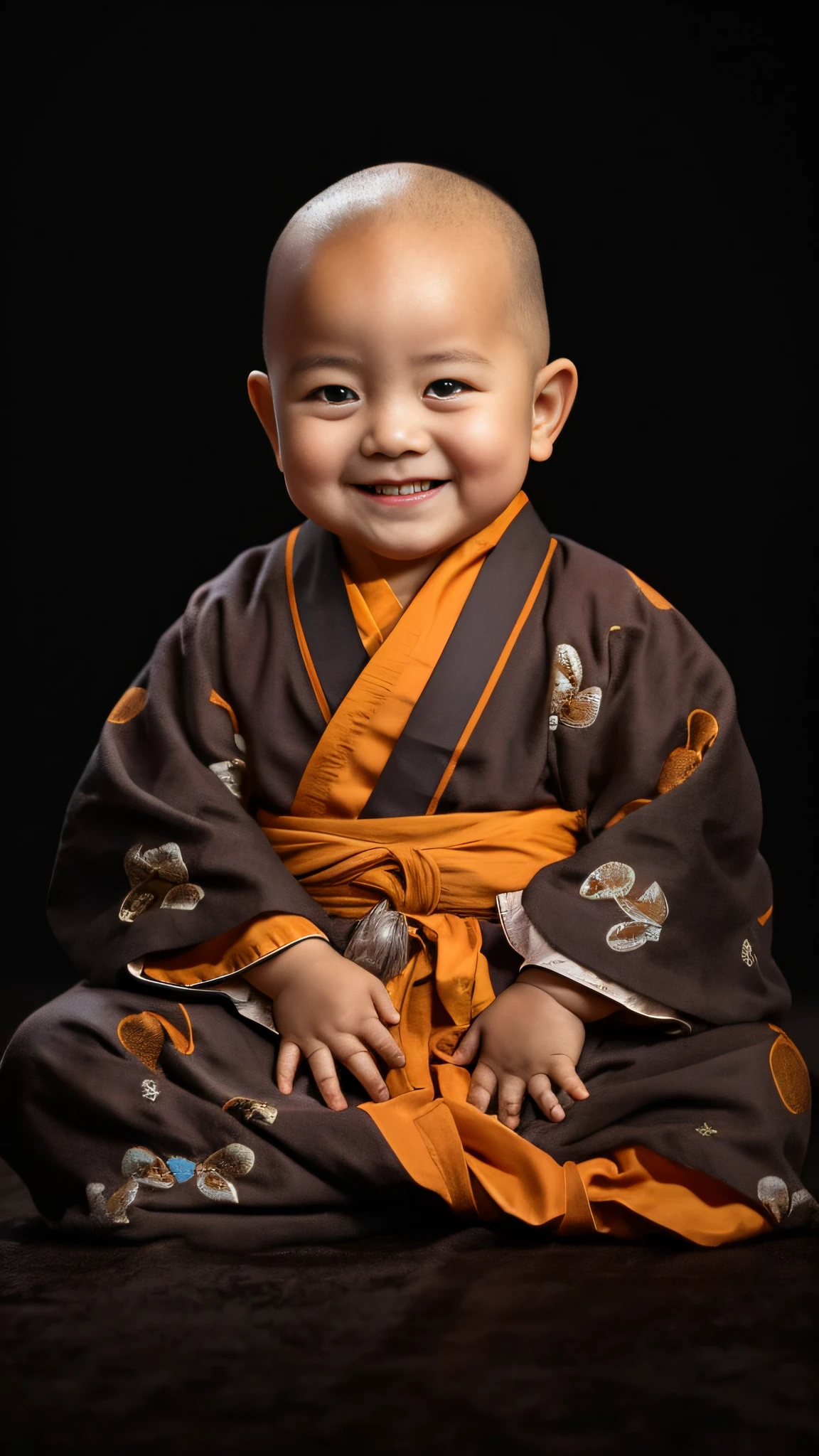 A little monk with a toddler，had his hands folded，sit with legs crossed，Orange monk robe，Perfect facial features，face to the viewer，with black background