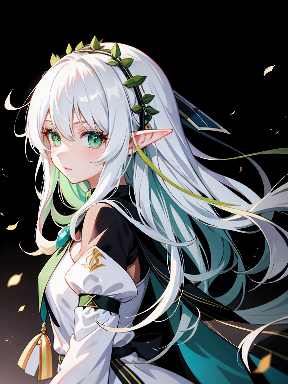 Anime girl with long white hair and green eyes in white dress, cute anime waifu in a nice dress, Detailed digital anime art, Elf Girl, Anime art wallpaper 8 K, Anime art wallpaper 4 K, Anime art wallpaper 4k, 8K high quality detailed art, style of anime4 K, white-haired god, Cute anime girl full body portrait