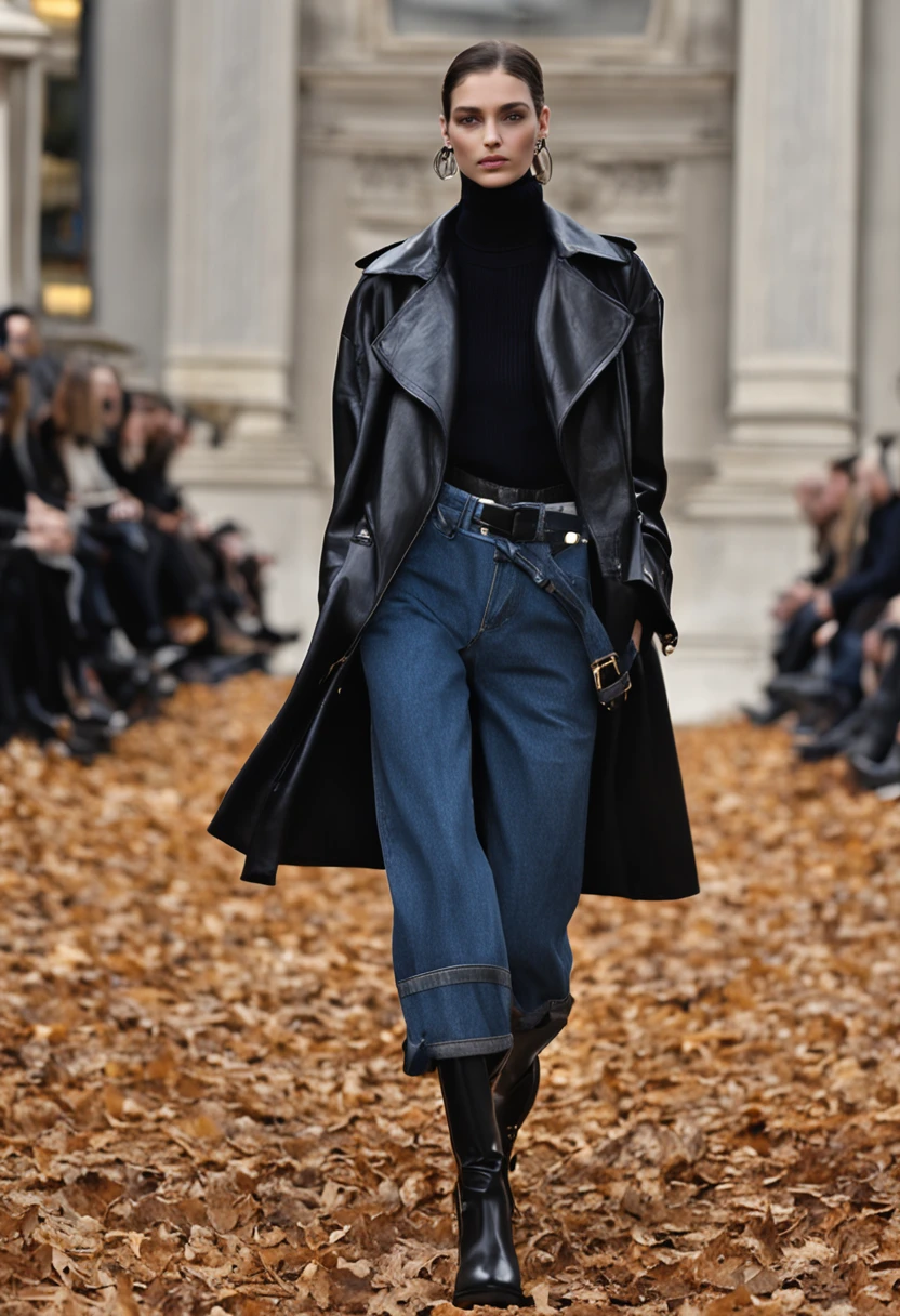 Autumn and winter catwalks,Gray tones,European and American women,Short black leather coat,Dark blue loose wide-leg long jeans,blue striped shirt,Black leather boots,Inspired by Ralph Lauren,Valentino,baggy jeans, Large pants, double denim, cropped shirt with jacket, Crewneck cropping