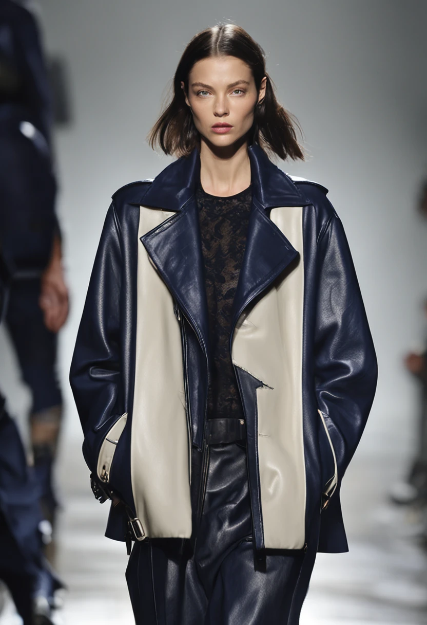 Autumn and winter catwalks,Gray tones,European and American women,Short black leather coat,Dark blue loose wide-leg long jeans,blue striped shirt,Black leather boots,Inspired by Ralph Lauren,Valentino,baggy jeans, Large pants, double denim, cropped shirt with jacket, Crewneck cropping