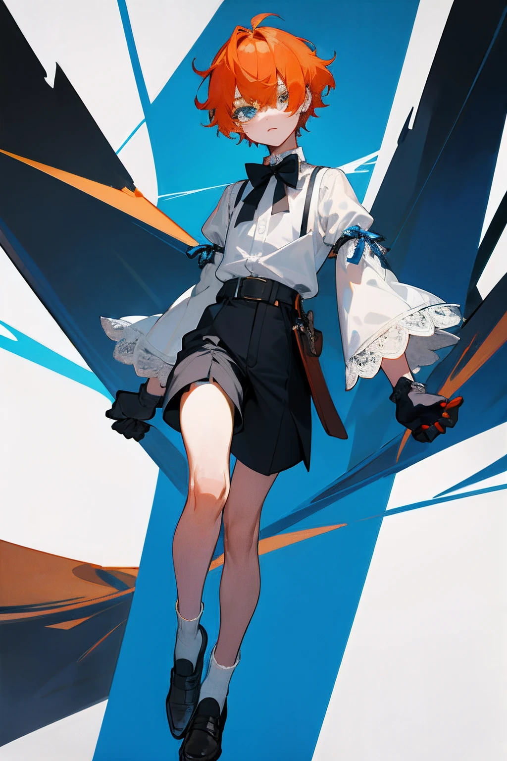 A teenager，orange short hair，blue color eyes，Bangs cover one eye，Wear a white shirt，The cuffs have long lace trims，blue bowtie，ribbon on blue，longer sleeves，Wearing black shorts，show legs，Wear white socks and leather shoes，wearing satchel，He wears black half-palm gloves on his hands，modern day，full bodyesbian