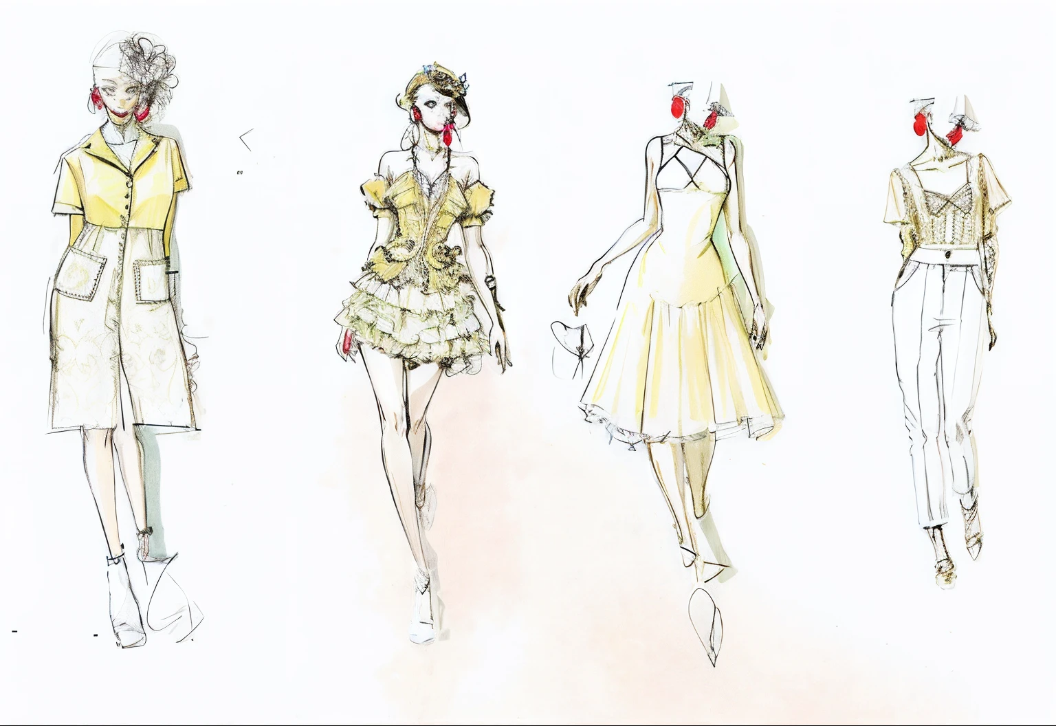 Fashion show sketch of woman in yellow dress, costume design made with love, fashion design, fashion concept art, clothing design, costume desig, author：Olivia Peguero, clothing design, author：Yasutomo Oka, clothing design, fashion study, author：Inglida Juniper, Cypherpunk fashion illustration, author：Aya Goda