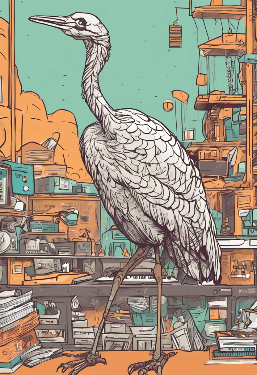 Little Crane Double Spell,A crane on keyboard tapping with wings for keyboard typing,sitting in front of the computer,Cartoon genre style,