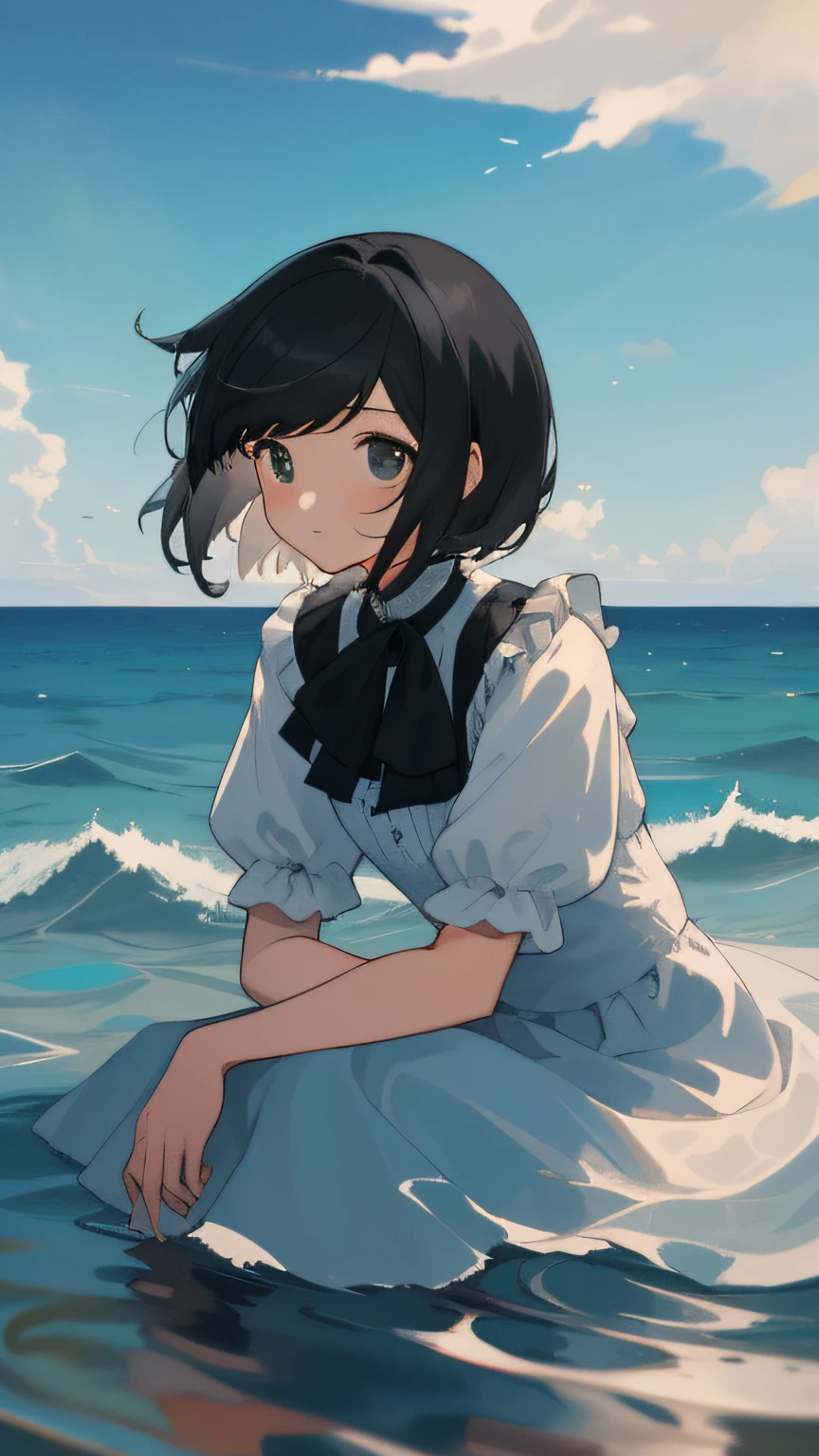 masterpiece, best quality, 1girl, upper body, sitting, swept bangs, short hair,  , black hair, dress, frills, outdoors, horizon, sky, ocean, water, water world, waves, ripples,  ,