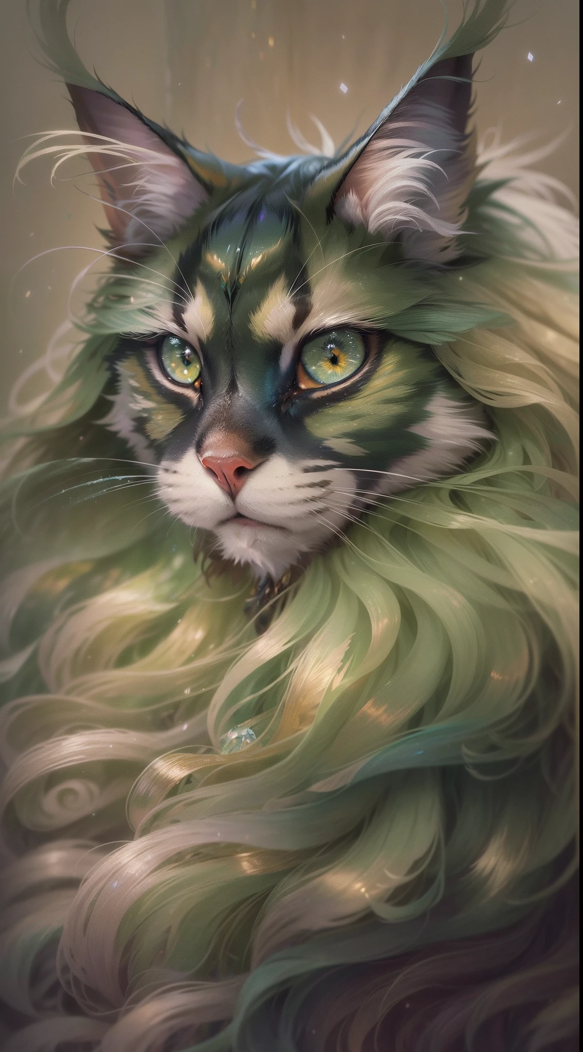 ((ultra-detailed)), (highly detailed CG illustration), ((an extremely delicate and beautiful maincoon)), cinematic light, Create a stunning fantasy artwork that mimics the style of currently trending masters of the genre. The art piece should contain elements of both mythic fantasy  with colorful accents. ((Utilize various shades of olive green and watercolor pastels as the main color scheme.)) The maincoon in the artwork is a fluffy with an aura of mystery and magic, mesmerizing eyes with vibrant colors and bold shading. The fur of maincoon  should be designed with gossamer feathers, silk, stunning embroidery, and subtle iridescent details. Incorporate dreamy colors, dynamic lighting, and detailed background elements to create a sense of awe and immersion. Include magical aura. Consider, (((masterpiece))), (((best quality)))