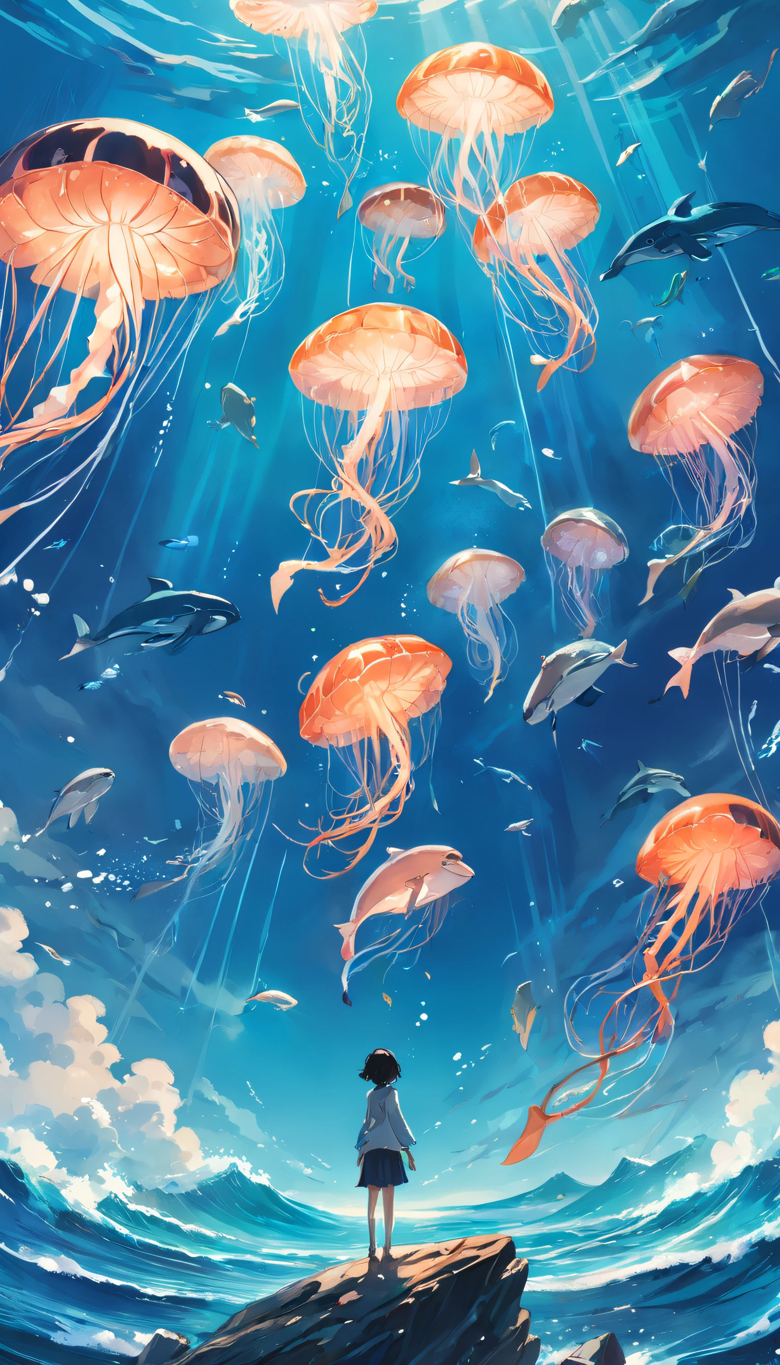 Pintura de um golfinho nadando no oceano colorido, Look up at the composition, Jellyfish and Whales of the Sky, inspirado em Cyril Rolando, a beautiful artwork illustration, autor：Shitao, arte conceitual colorida, Makoto Shinkai Cirilo Rolando, ao estilo de Cyril Rolando, Baleia voadora, Aquarela altamente detalhada 8K, Aquarela altamente detalhada 8 K，octano，Fim，Realistic，8k，Estilo Makoto Shinkai( Reasonable design, linhas claras, Alta nitidez,best quality, Very detailed, master part, Efeito de luz do filme, 4k )