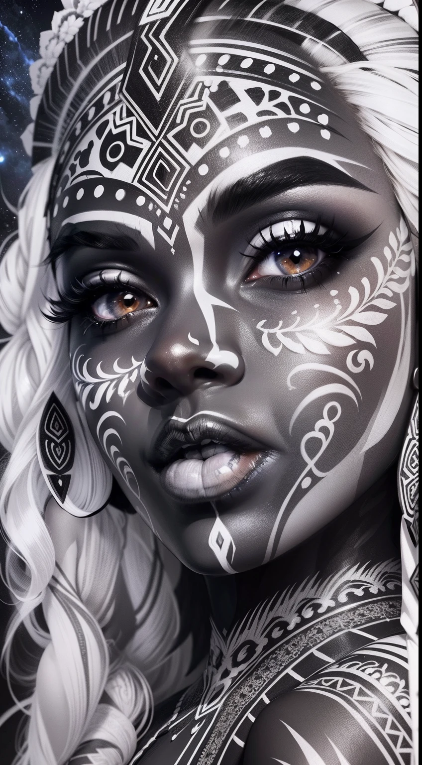 colouring book page, black and white, 32k, full body view, very beautiful tribal brown skin girl with excessive intricately detailed vivdly black and white facepaint bodypaint makeup, stunning radiant eyes, gorgeous white hair with highlights, magical night sky background