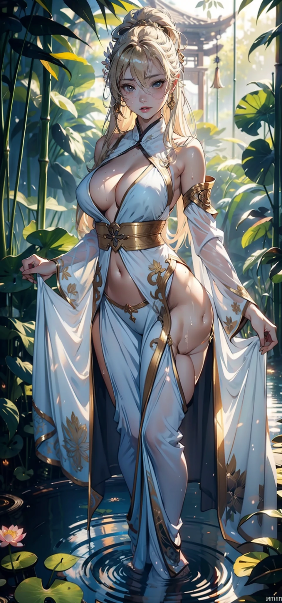 1female，35yo，mature，Bigchest，Big breasts Thin waist，long leges， 独奏，（Background with：bamboo forrest，lotuses，lotus flower，exteriors，Lotus pond） She has long blonde hair，standing on your feet，Sweat profusely，drenched all over the body，seen from the front， hair straight， mostly cloudy sky，（（（tmasterpiece），（Very detailed CG unity 8K wallpaper），best qualtiy，cinmatic lighting，detailed back ground，beatiful detailed eyes，Bright pupils，Black eyes，（Very fine and beautiful），（Beautiful and detailed eye description），ultra - detailed，tmasterpiece，）），facing at camera，A high resolution，ultra - detailed），revealing breasts，Bare genitalia，  Bulge，legs are open，Raised sexy，Camel toes，Flushed complexion，Open-mouthed，frontage（Wearing：White transparent Hanfu，Gold wire embroidery，Bare genitalia，Bare breasts，nakeness）