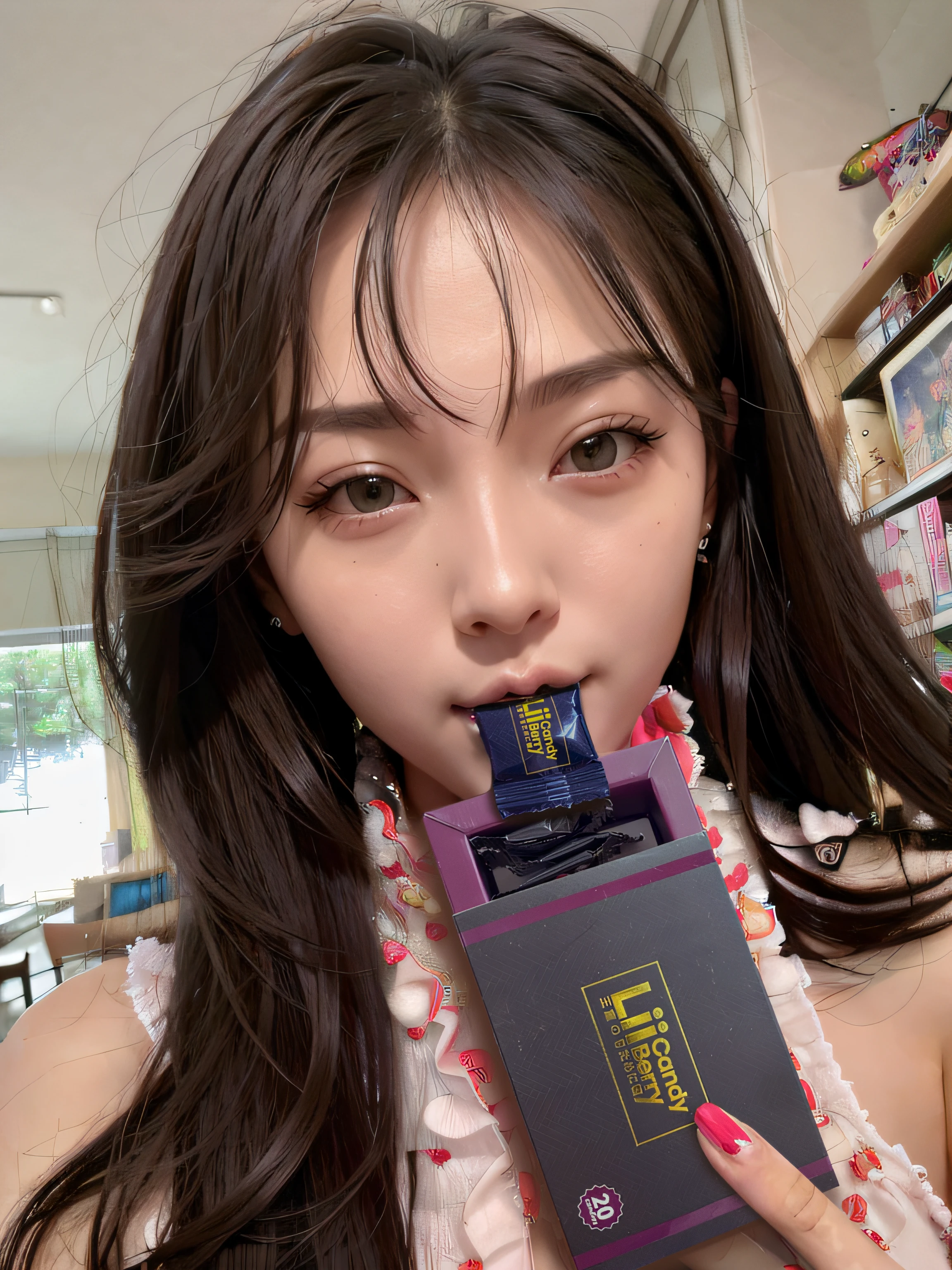 There was a woman holding a box in her hand, He smiled, holding a candy in his mouth, 8k selfie photograph, Popular Korean makeup,