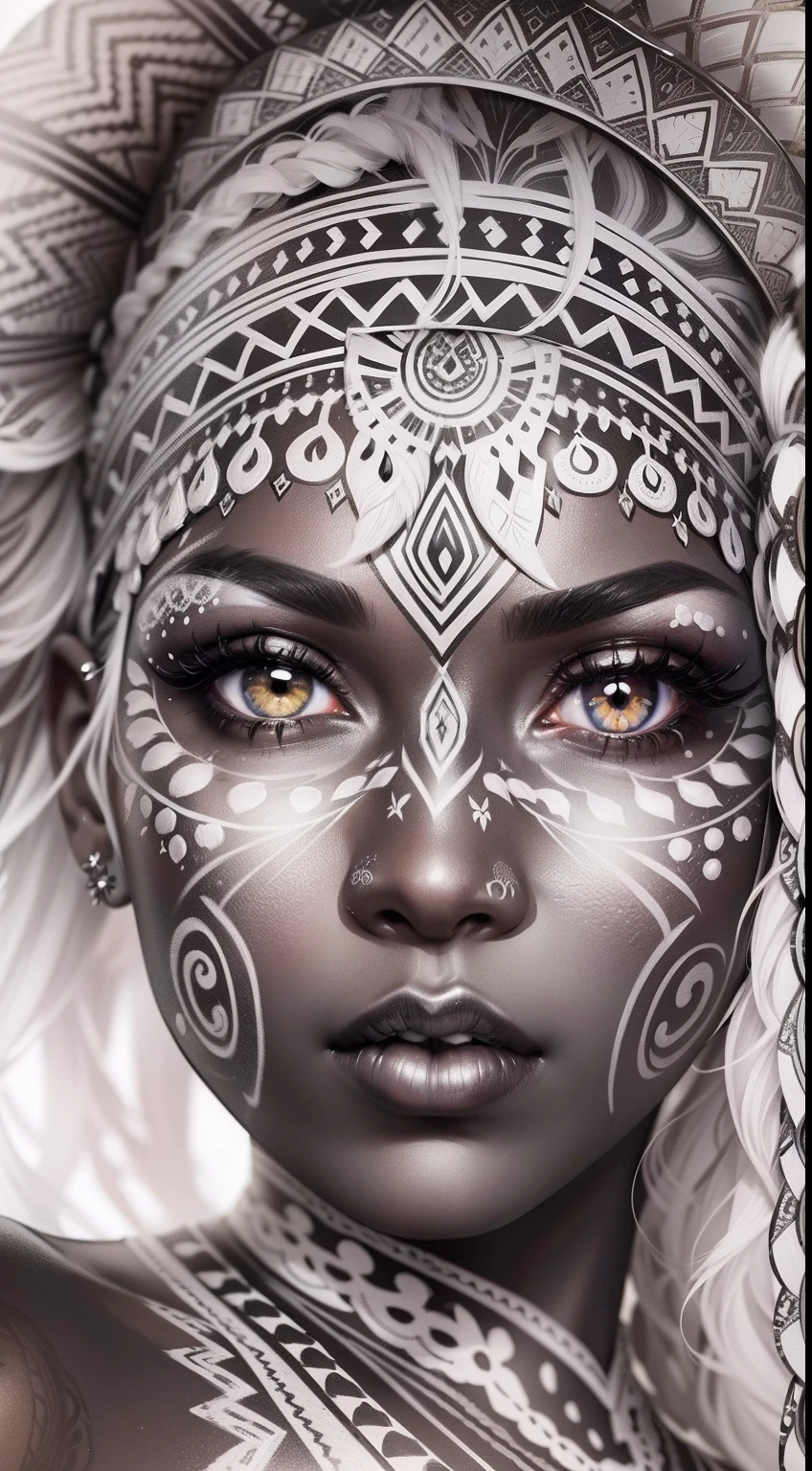 colouring book page, black and white, 32k, full body view, very beautiful tribal brown skin girl with excessive intricately detailed vivdly black and white facepaint bodypaint makeup, stunning radiant eyes, gorgeous white hair with highlights, magical night sky background