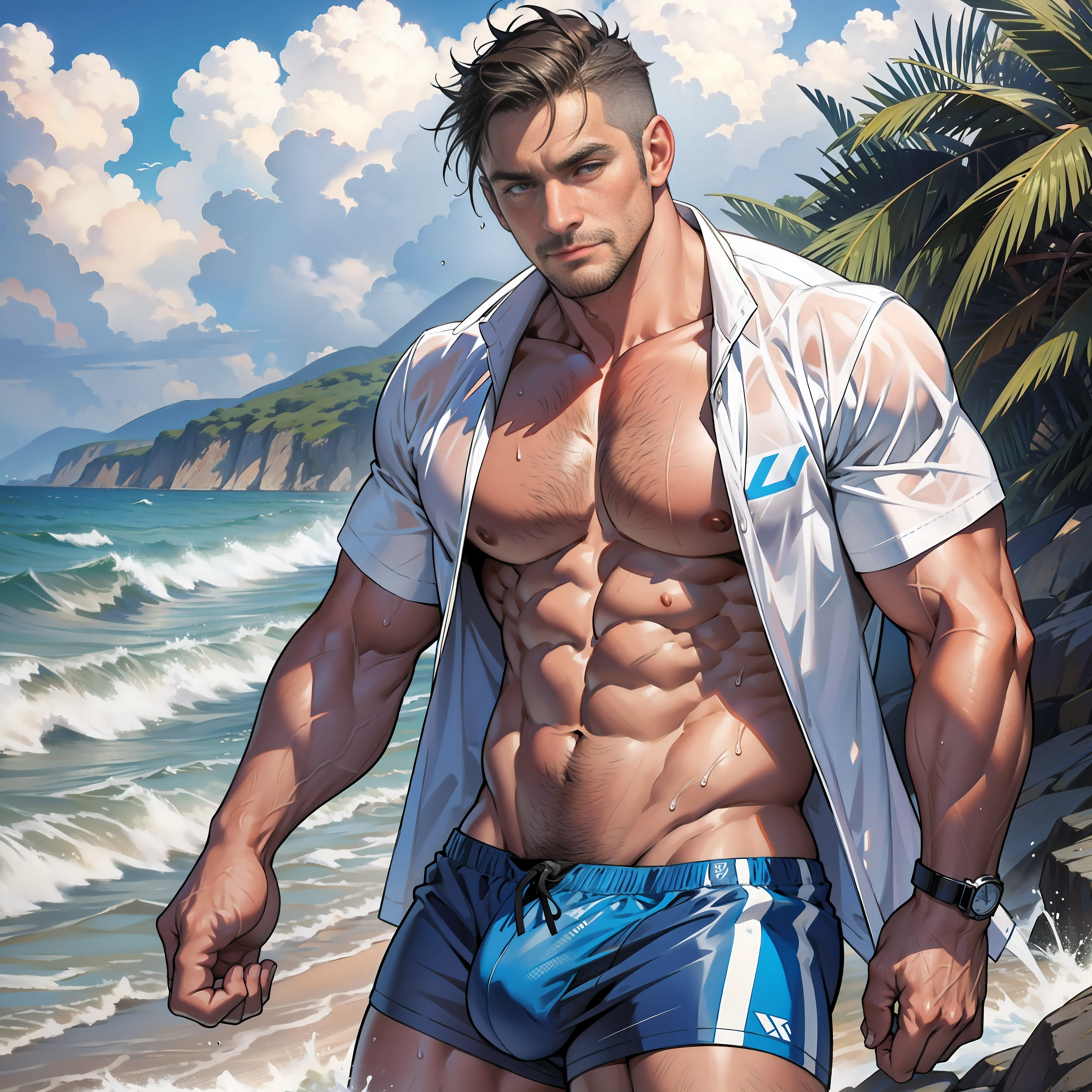 seaside, swimsuit, middle-aged man, muscles, wet, crotch bulge, undressing