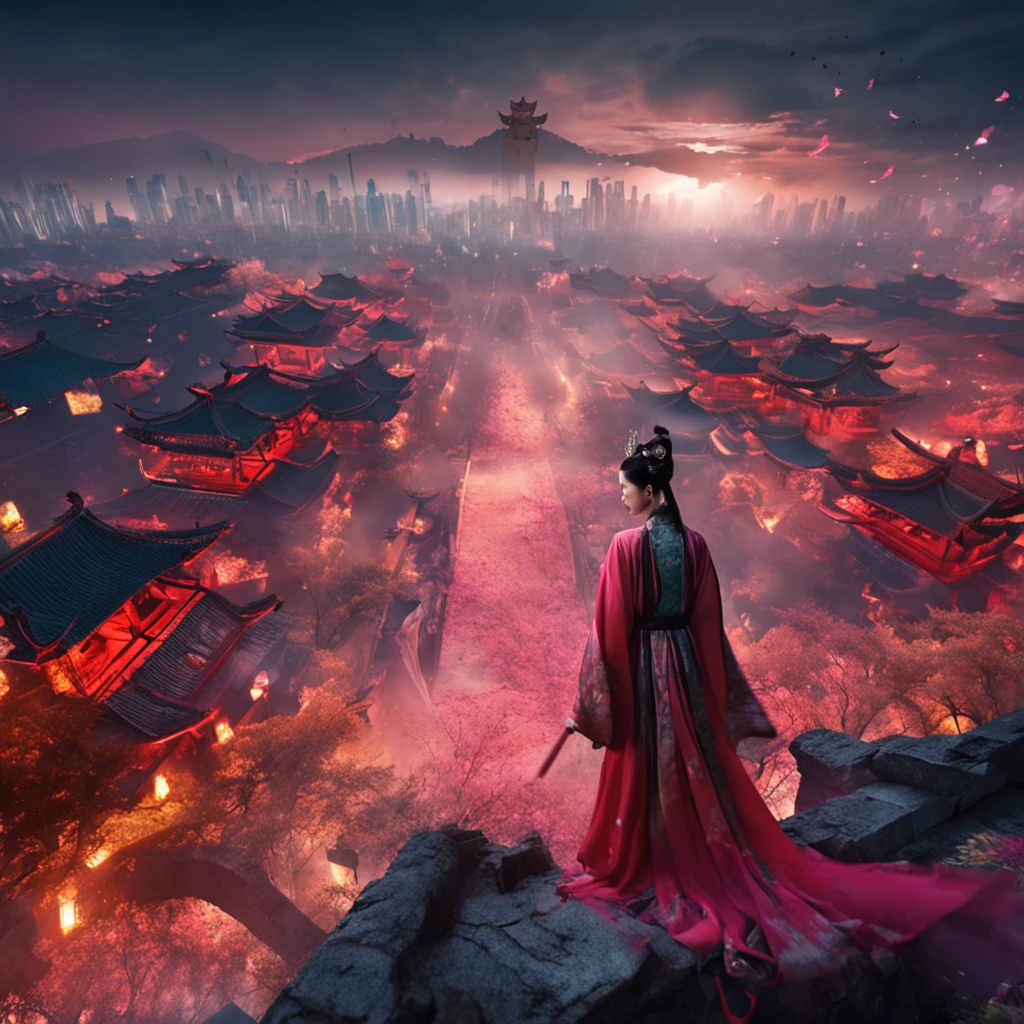 Best quality, Masterpiece, 超高分辨率, (photograph realistic:1.4), surrealism, Dream-like,fusionart, AI Goddess，Ten thousand swords plunged into the ground，Background: Chang'an City that Never Sleeps，Robe Hanfu，A glimpse of amazement
