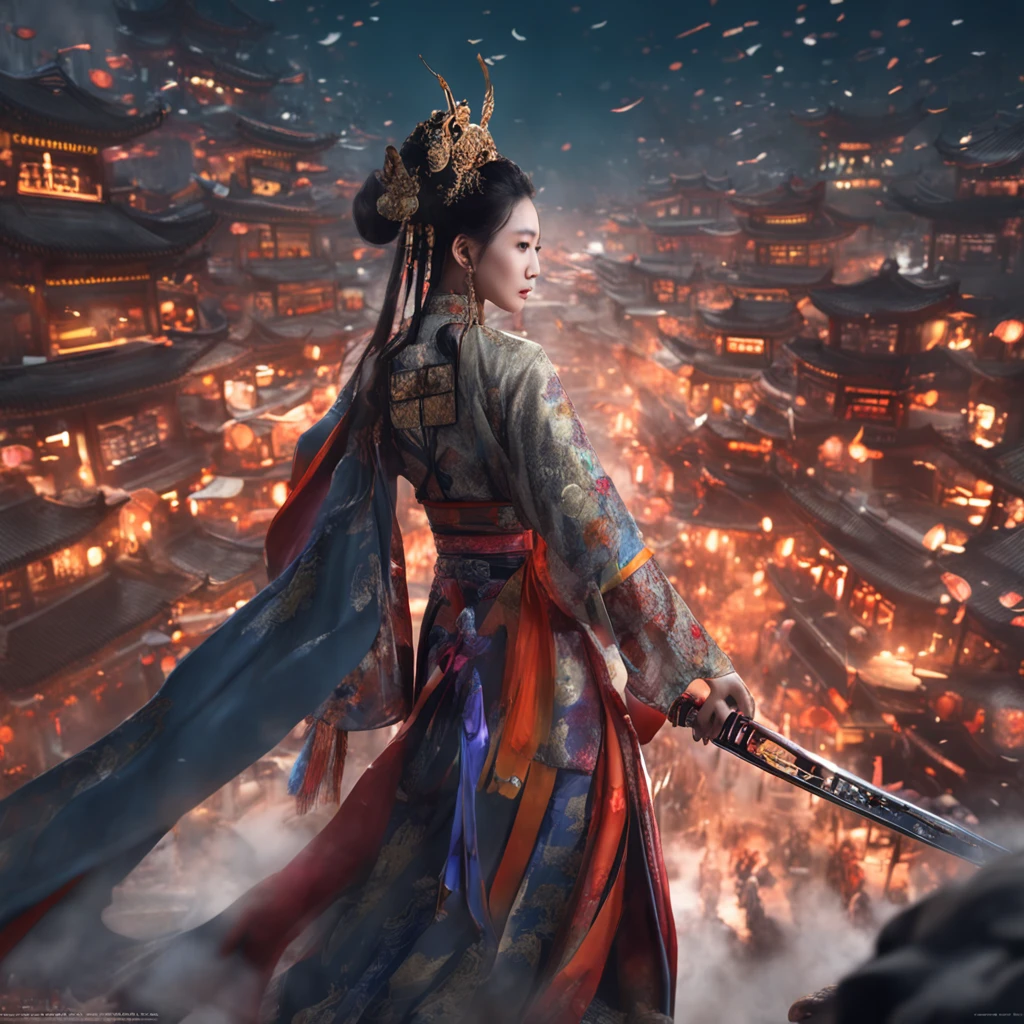 Best quality, Masterpiece, 超高分辨率, (photograph realistic:1.4), surrealism, Dream-like,fusionart, AI Goddess,Ten thousand swords plunged into the ground,Background: Chang'an City that Never Sleeps,Robe Hanfu,A glimpse of amazement