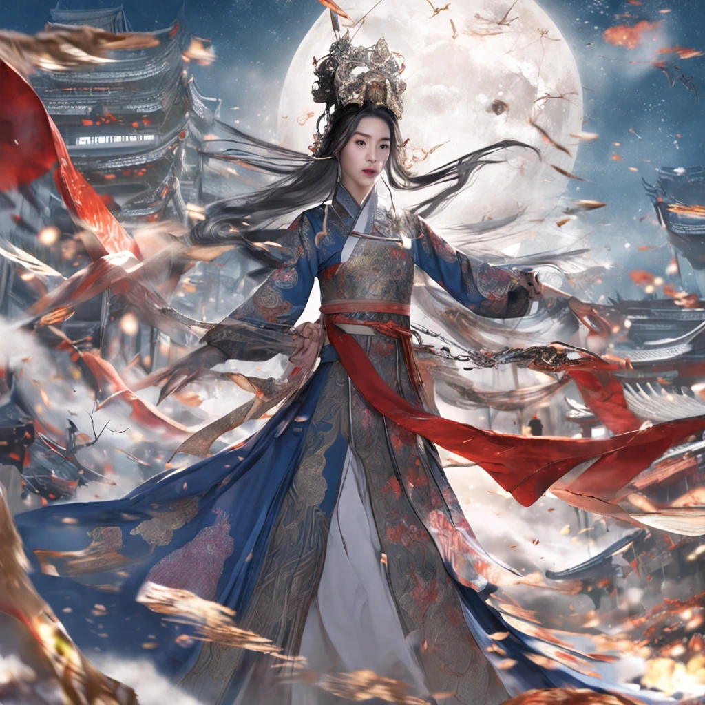 Best quality, Masterpiece, 超高分辨率, (photograph realistic:1.4), surrealism, Dream-like,fusionart, AI Goddess,Ten thousand swords plunged into the ground,Background: Chang'an City that Never Sleeps,Robe Hanfu,A glimpse of amazement