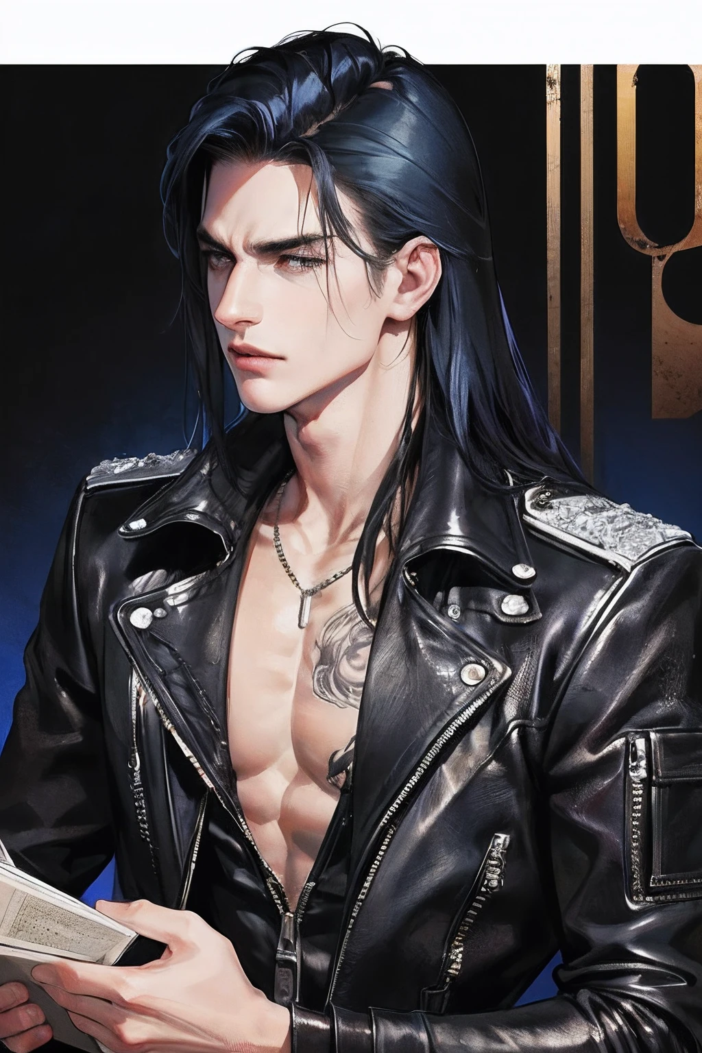 cover for a book, photography of a heavy metal star, a solo man, (((man))), (masculine face), 25 years old, singer, bad boy, (black eyes), expressive look, long dark blue black hair, (((bar background))), straight hair, blueshine hair, unshaven, black leather jacket, long sleve jacket, leather pants, chest tattoo, super detailed face, perfect body, perfect shapes, realistic image, award winning photography, 8k,