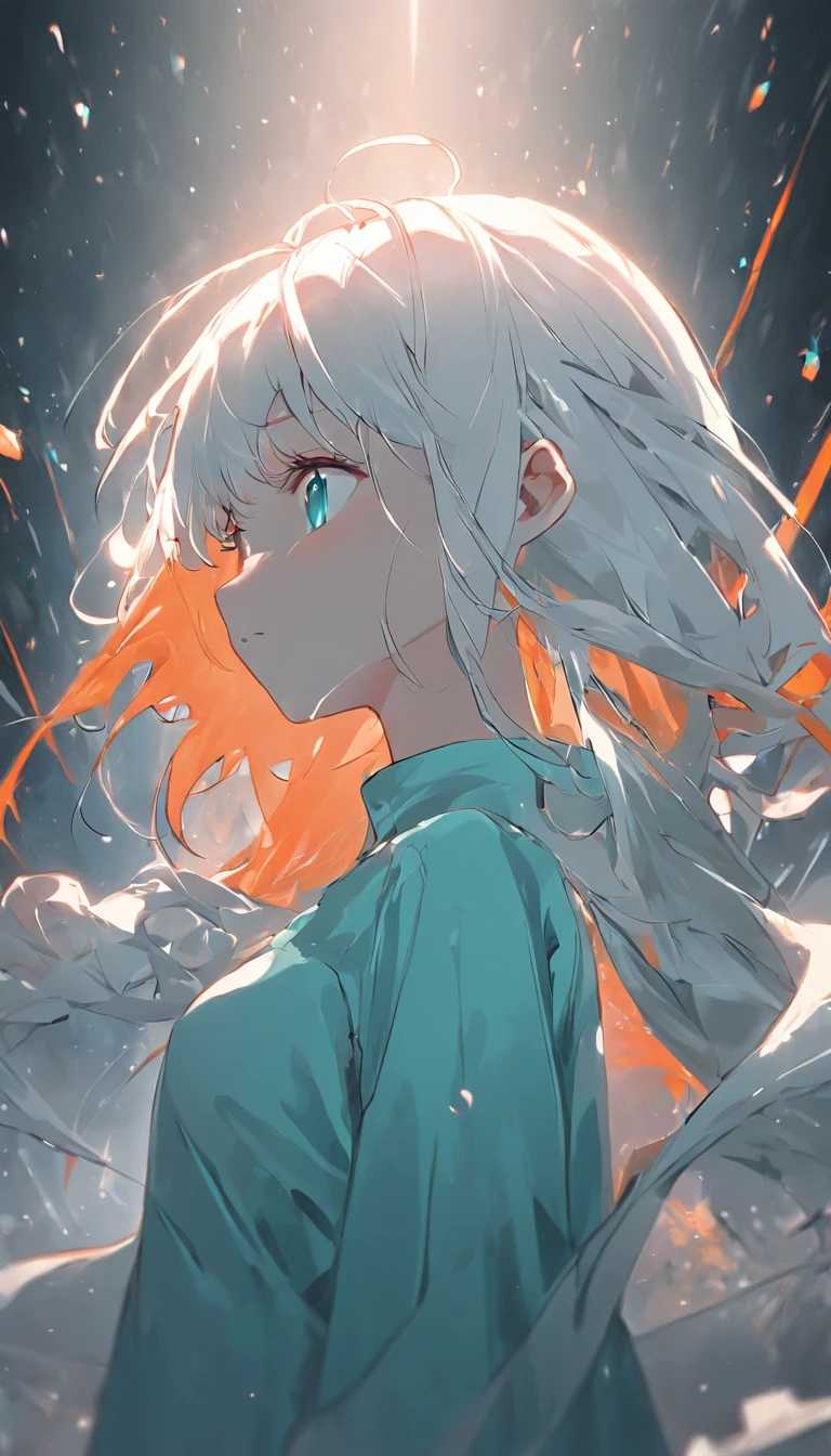 Girl with white hair in a cyan dress，Background orange element
