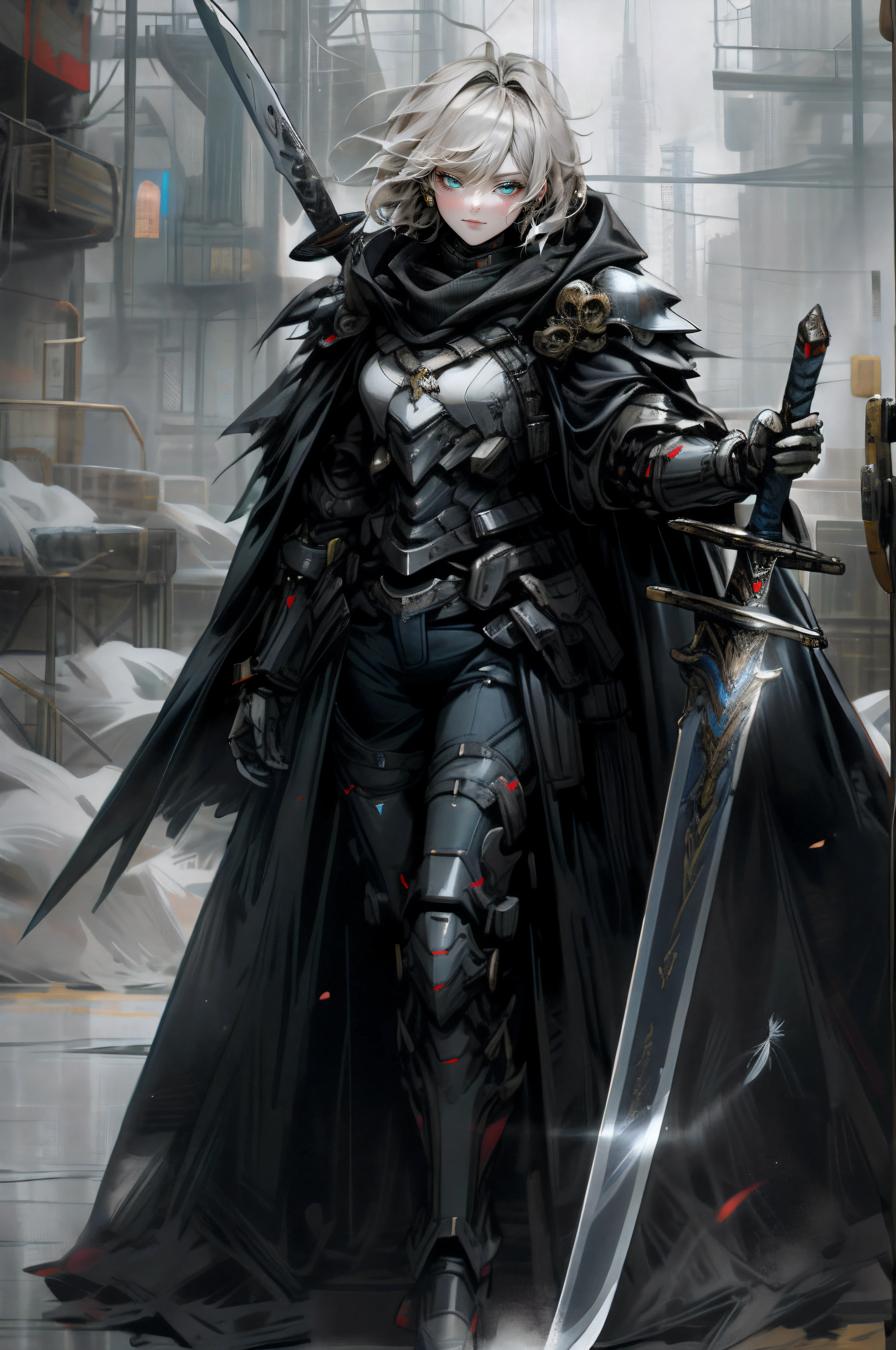 pale black armor, Shabby cloak with black feathers，This is a hyper-detail、High resolution and high quality CG Unity 8k wallpaper，The style is cyberpunk，Mainly black and red。After taking pictures, The look of short hair，Beautiful girl with messy gray hair appears，s delicate face，Use a steam wick mask，face guard，face guard，The eyes are equipped with high-precision infrared battlefield scanning mirrors，The woman held a heavy giant sword in her hand，He wears a mecha exoskeleton，Exquisite details